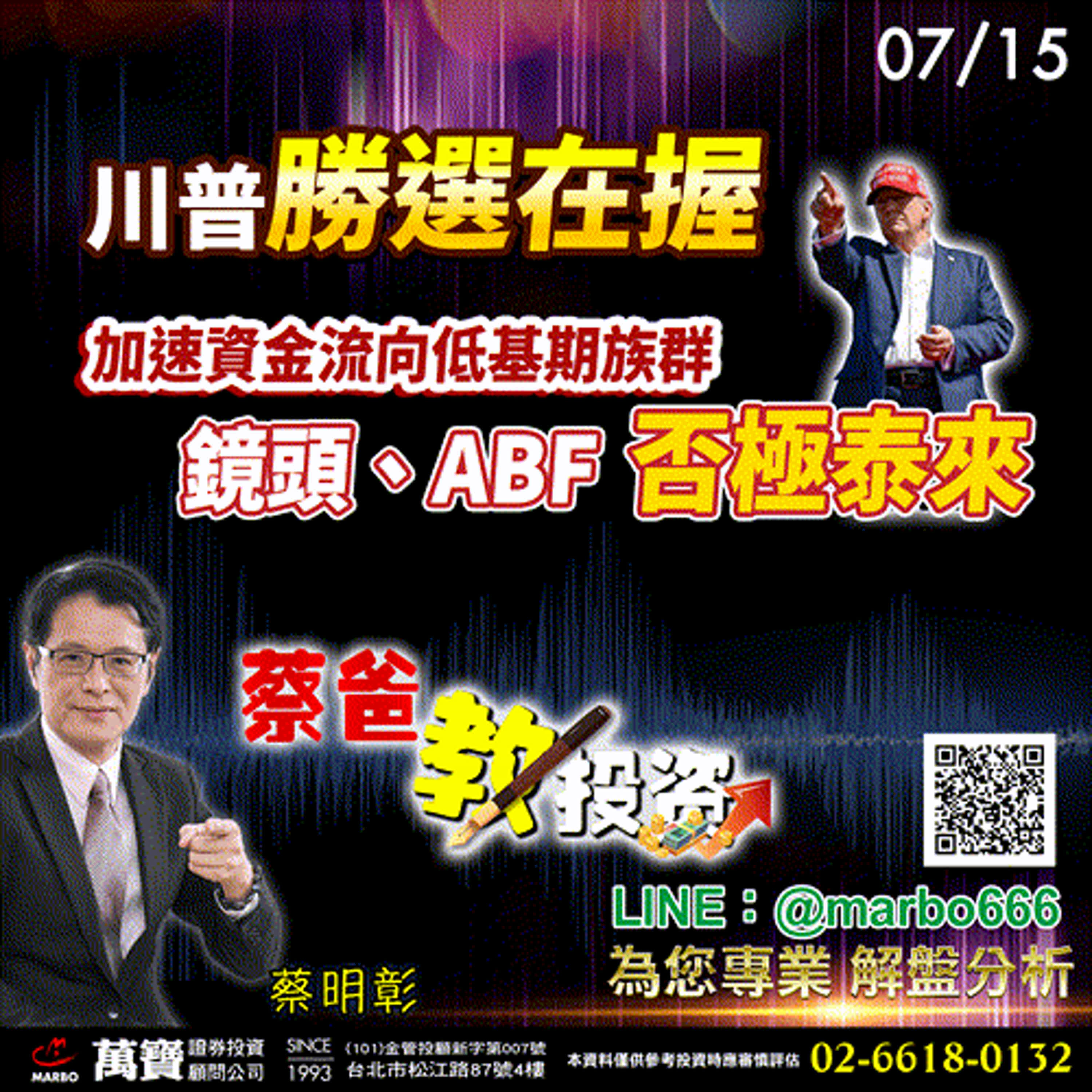 2024/07/15  川普勝選在握，加速資金流向低基期族群，鏡頭、ABF否極泰來 蔡明彰