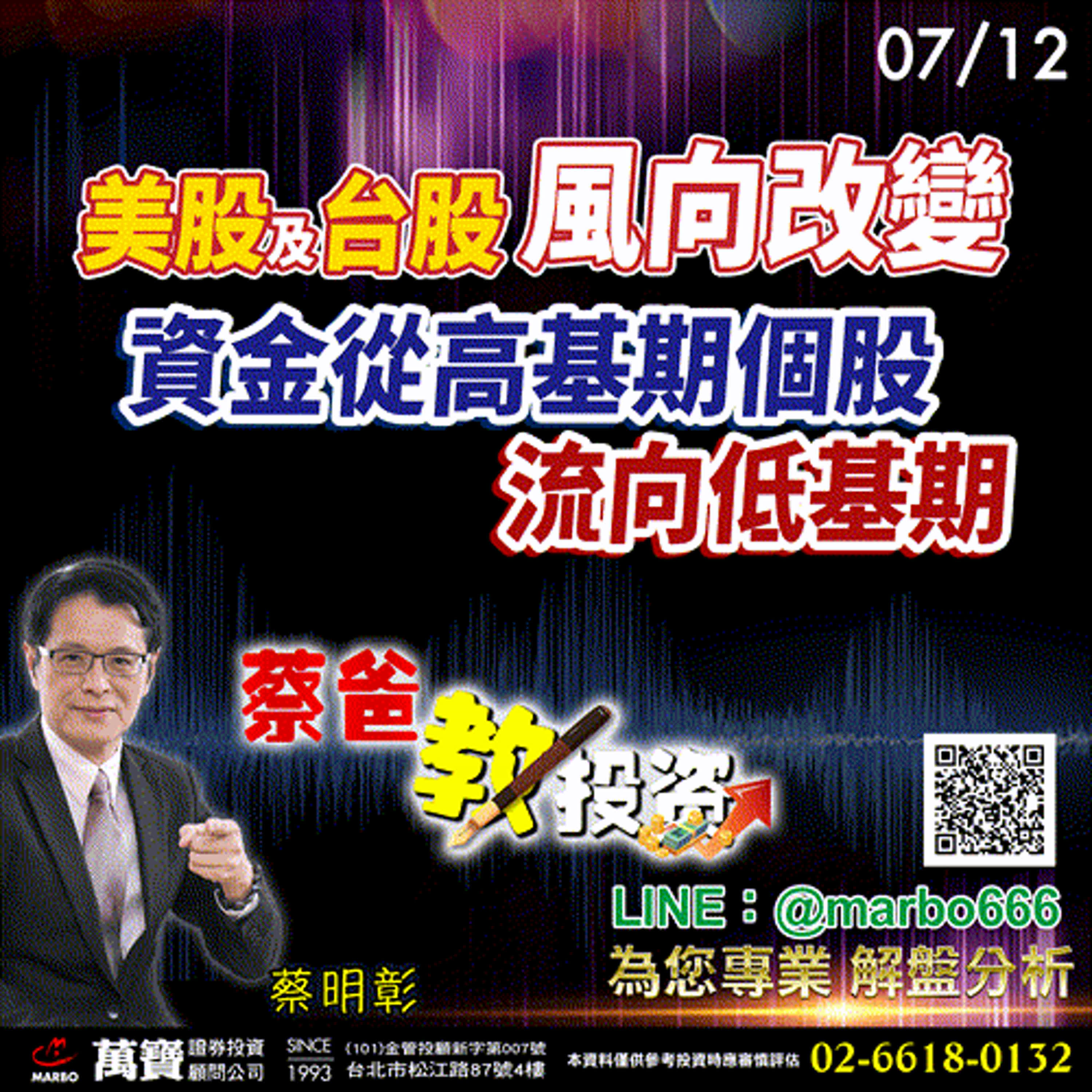 2024/07/12  美股及台股風向改變，資金從高基期個股流向低基期 蔡明彰