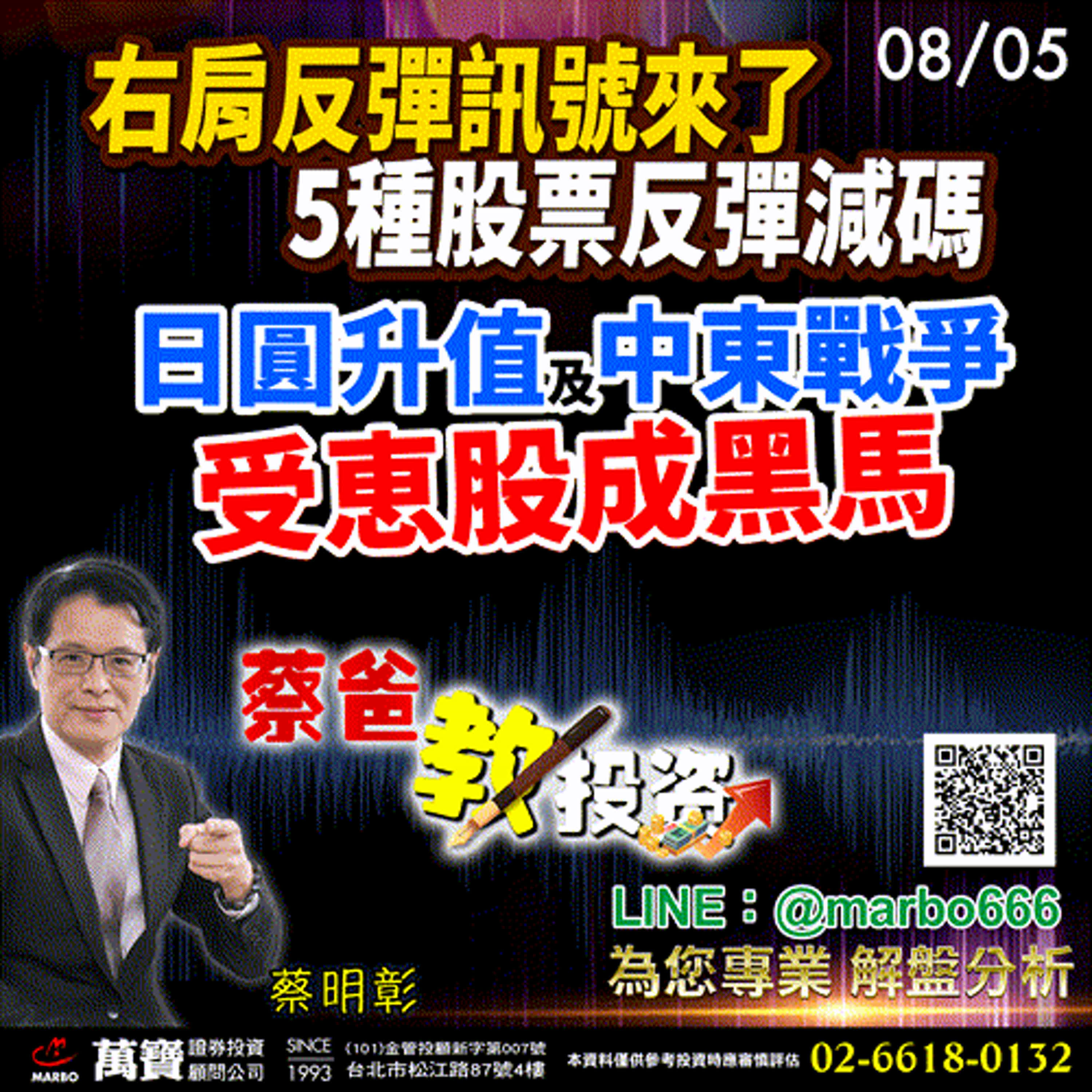 2024/08/05  右肩反彈訊號來了，5種股票反彈減碼，日圓升值及中東戰争受恵股成黑馬  蔡明彰