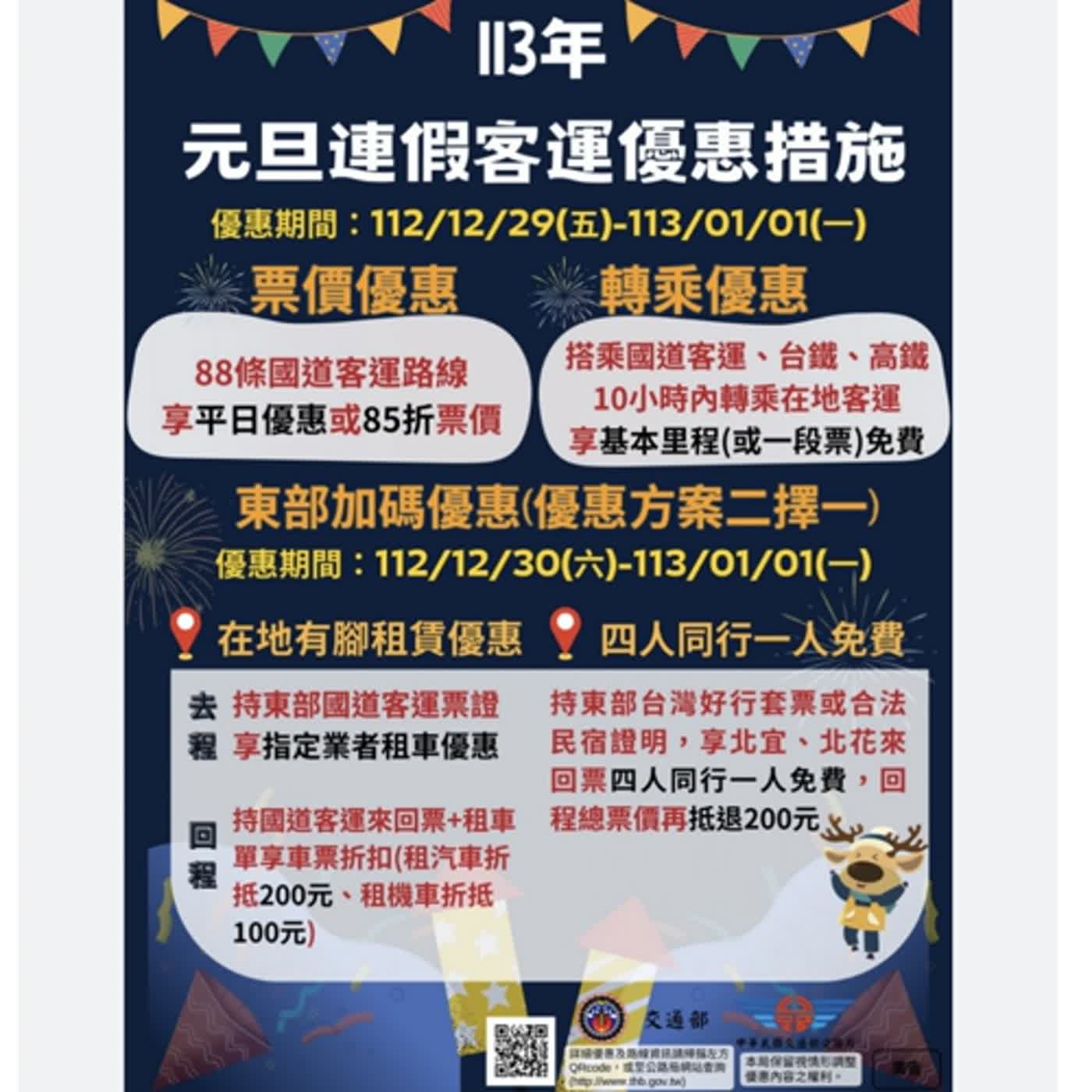 【監理資訊站】113年元旦連續假期 公路疏運與相關優惠措施