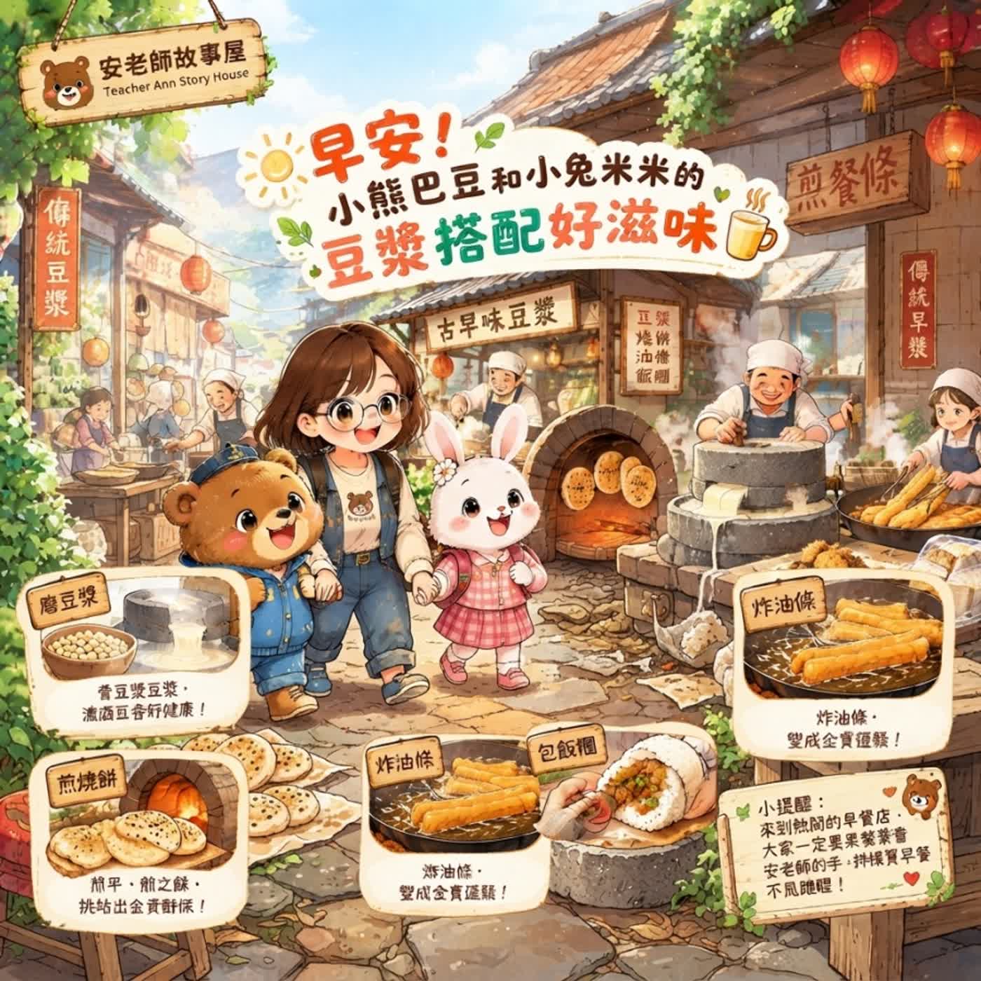 【食育探索/生活常規】排隊買早餐不亂跑：小熊巴豆與小兔米米的豆漿店冒險 （Teacher Ann 兒歌故事屋 S1E64）