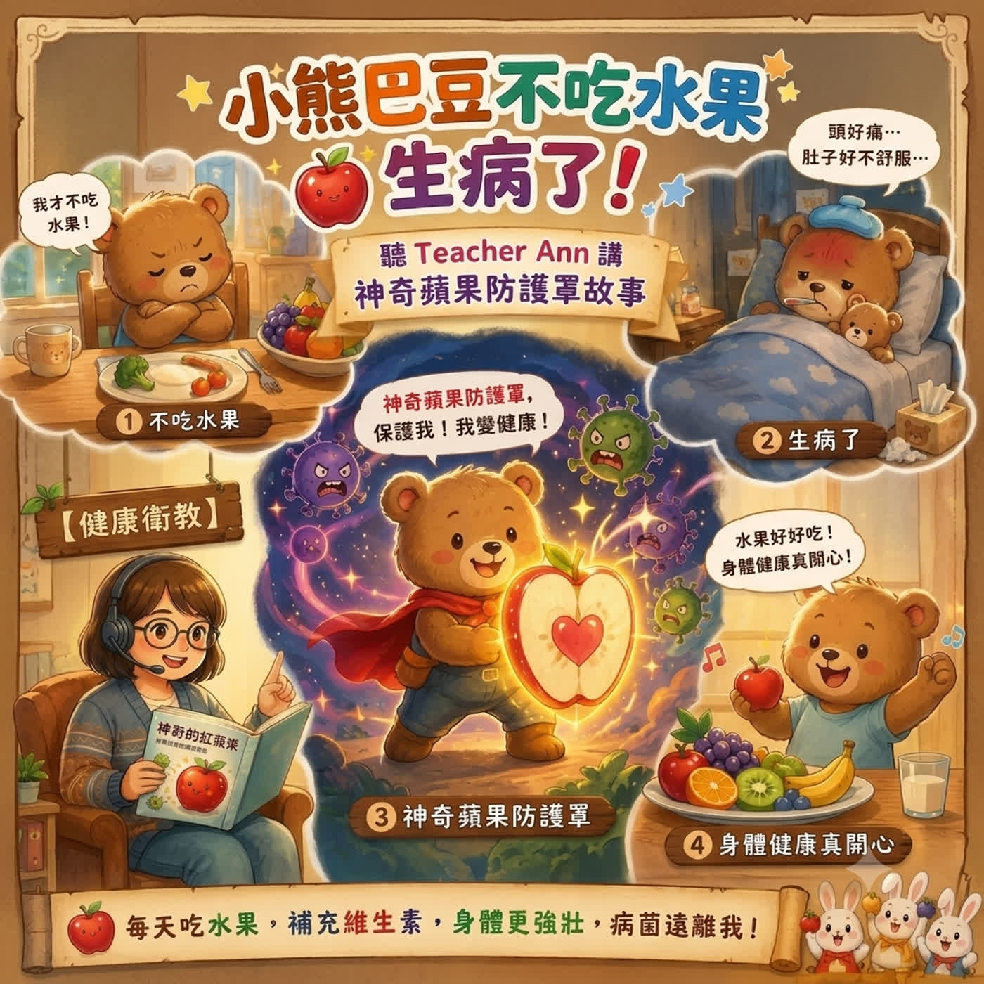 【健康衛教】小熊巴豆不吃水果生病了！聽 Teacher Ann 講神奇蘋果防護罩故事（S16E03）