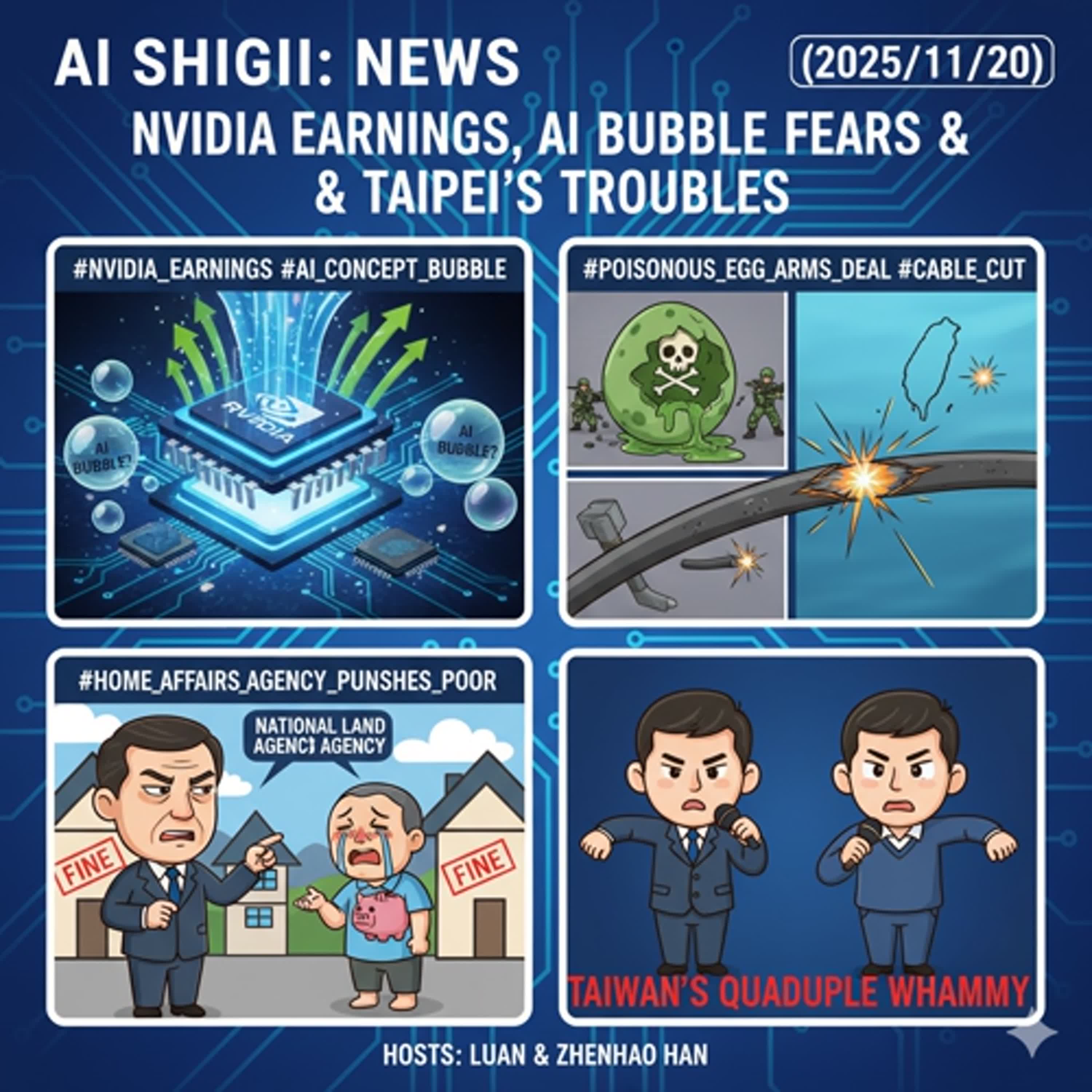 【頂加我都住不起】輝達財報驚豔 AI概念股泡沫化隱憂 毒蛋軍售電纜斷 國土署竟懲罰窮人 - AI史記報新聞(2025/11/20) episode artwork