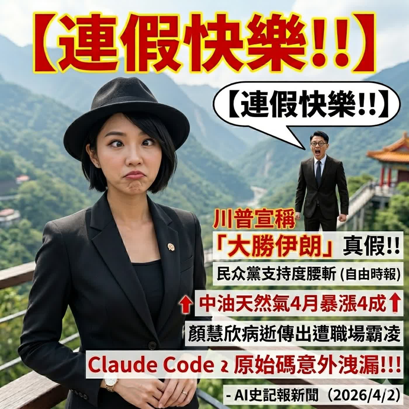 【連假快樂!!】川普宣稱「大勝伊朗」真假!!民眾黨支持度腰斬(自由時報)、中油天然氣4月暴漲4成!!顏慧欣病逝傳出遭職場霸凌、Claude Code 原始碼意外洩漏!!!- AI史記報新聞（2026/4/2) episode artwork