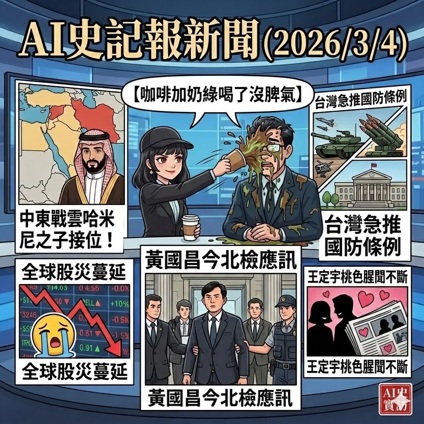 【咖啡加奶綠喝了沒脾氣】中東戰雲哈米尼之子接位！全球股災蔓延，台灣急推國防條例、黃國昌今北檢應訊、王定宇桃色腥聞不斷 - AI史記報新聞（2026/3/4) episode artwork