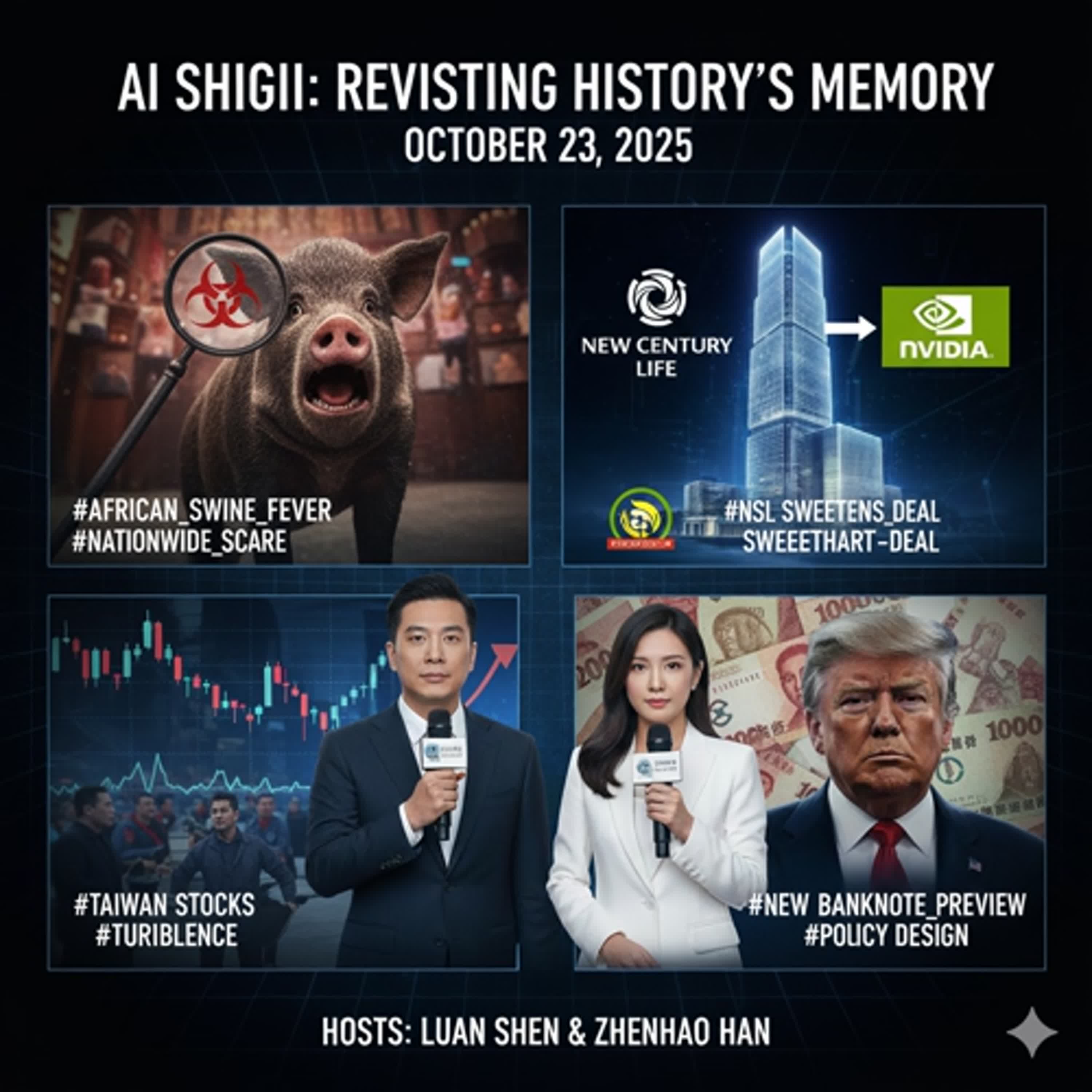 OMG！非洲豬瘟疑雲震驚全台！新壽讓地輝達內幕？台股攻頂遇亂流與鈔票改版預告  AI史記報新聞2025/10/23 episode artwork