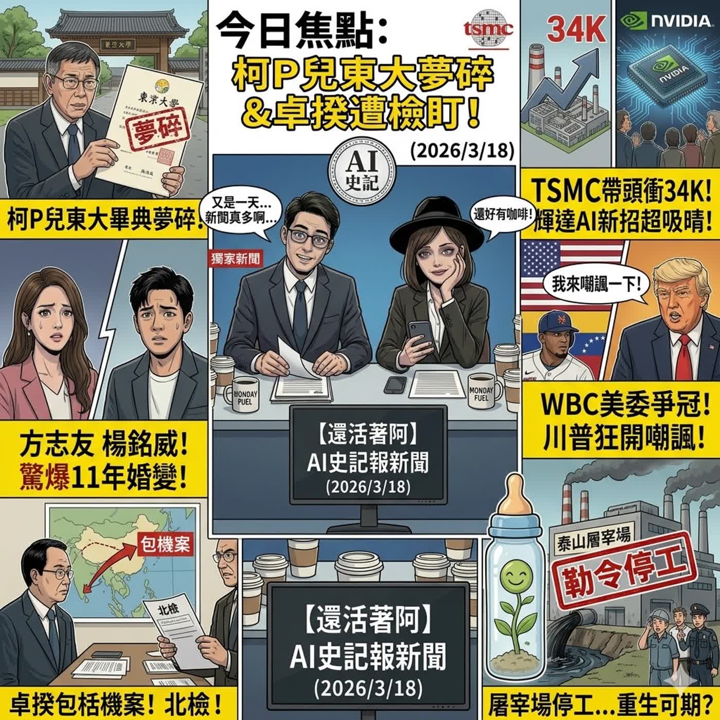 【還活著阿】柯P去東大兒畢典夢碎、卓揆包機案遭北檢盯上！台積電帶頭衝34K、輝達AI新招超吸睛；WBC美委爭冠川普狂開嘲諷，還有方志友楊銘威驚爆11年婚變！- AI史記報新聞（2026/3/18) episode artwork