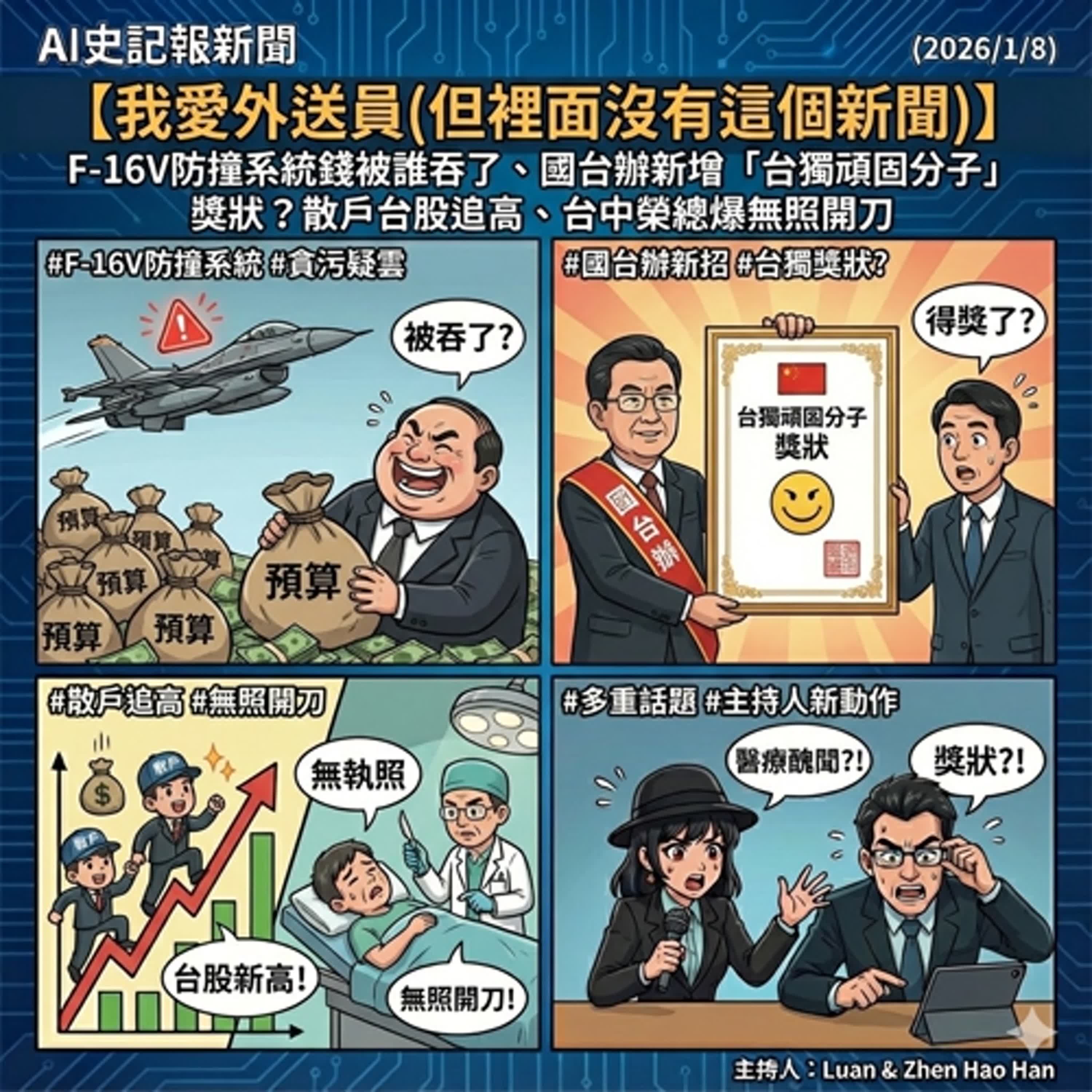 【我愛外送員(但裡面沒有這個新聞)】F-16V防撞系統錢被誰吞了、國台辦新增「台獨頑固分子」獎狀？散戶台股追高、台中榮總爆無照開刀 -  AI史記報新聞（2026/1/8) episode artwork