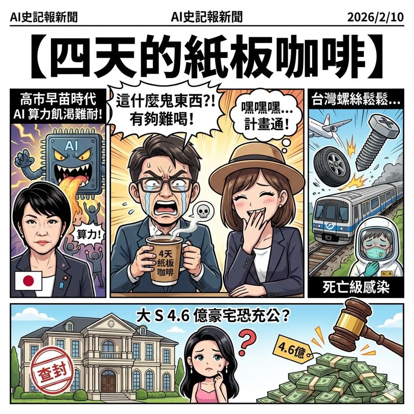 【四天的紙板咖啡】高市早苗時代!!AI算力飢渴難耐！桃機輪胎脫落、北捷卡軌、幼童「死亡級感染」... 台灣螺絲鬆鬆、 大 S 4.6 億豪宅恐充公？  -  AI史記報新聞（2026/2/10) episode artwork