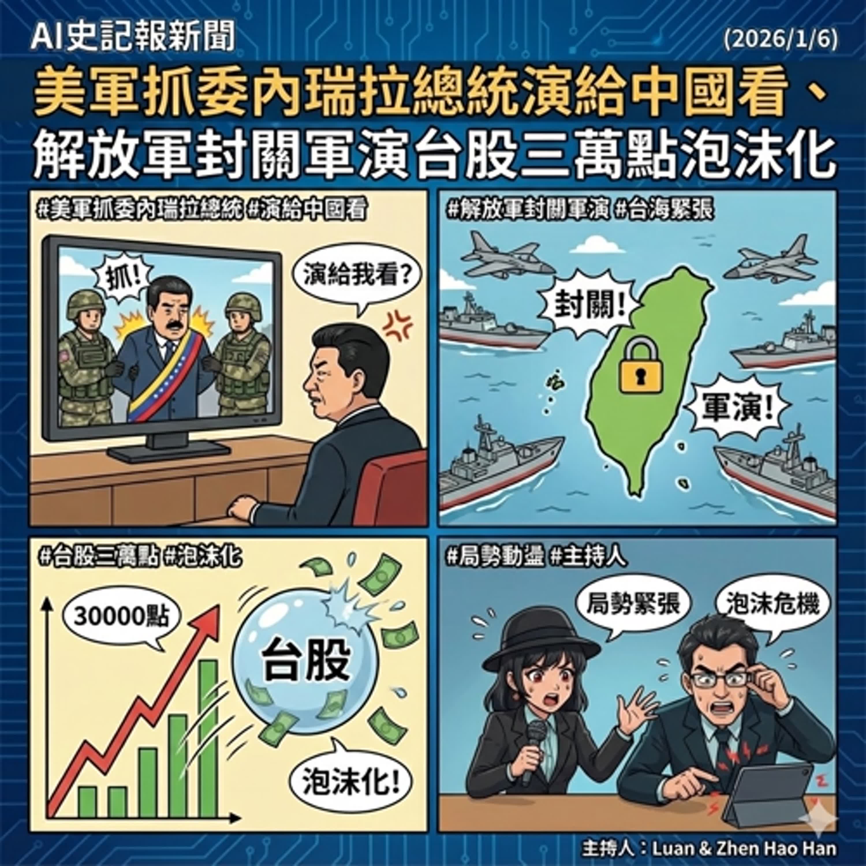 【9令欸】美軍抓委內瑞拉總統演給中國看、解放軍封關軍演台股三萬點泡沫化 -  AI史記報新聞（2026/1/6) episode artwork