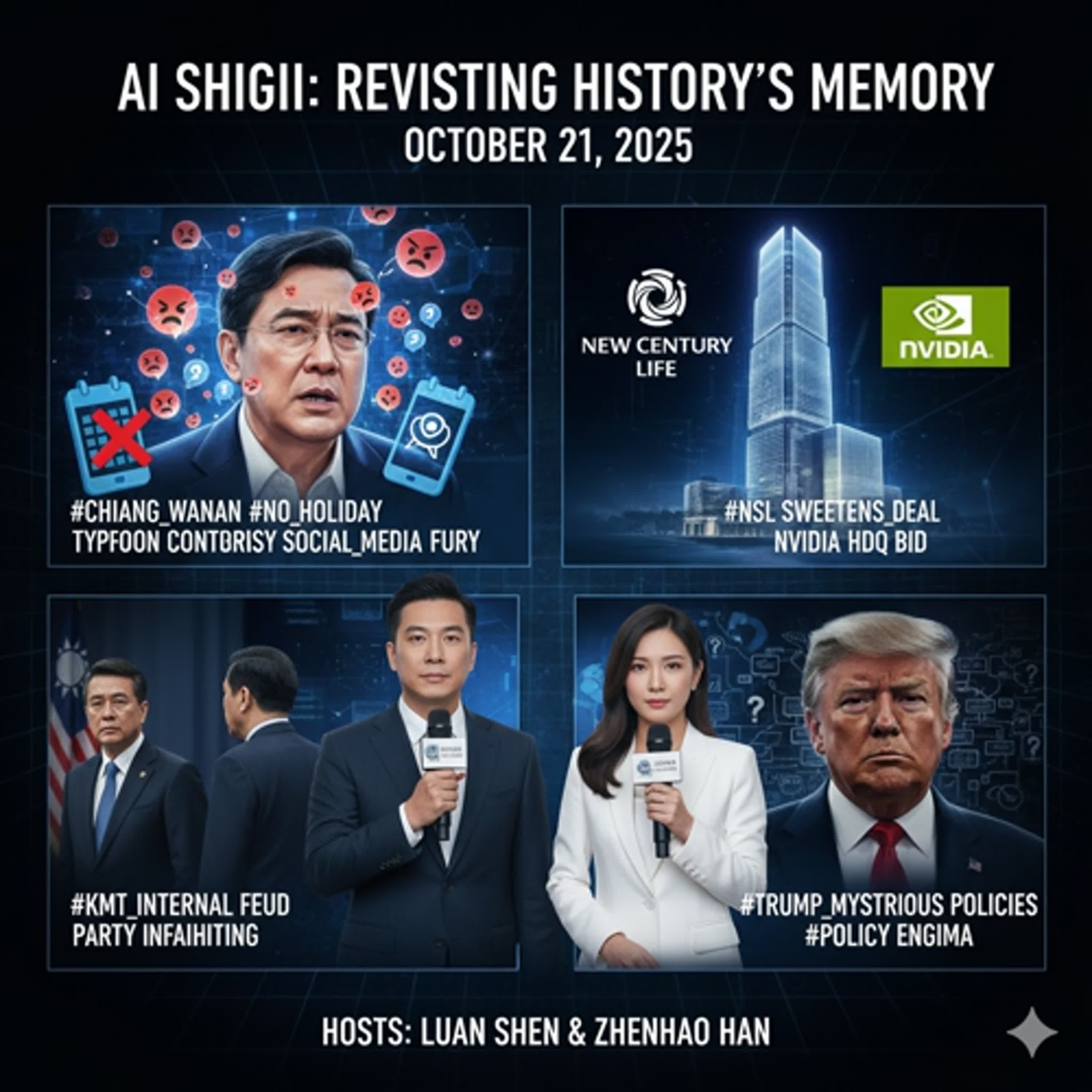 蔣萬安臉書被灌爆，颱風豪雨不放假爭議、新壽讓利搶輝達、國民黨內鬥與川普詭譎政策解析：AI史記報新聞 2025/10/21 episode artwork