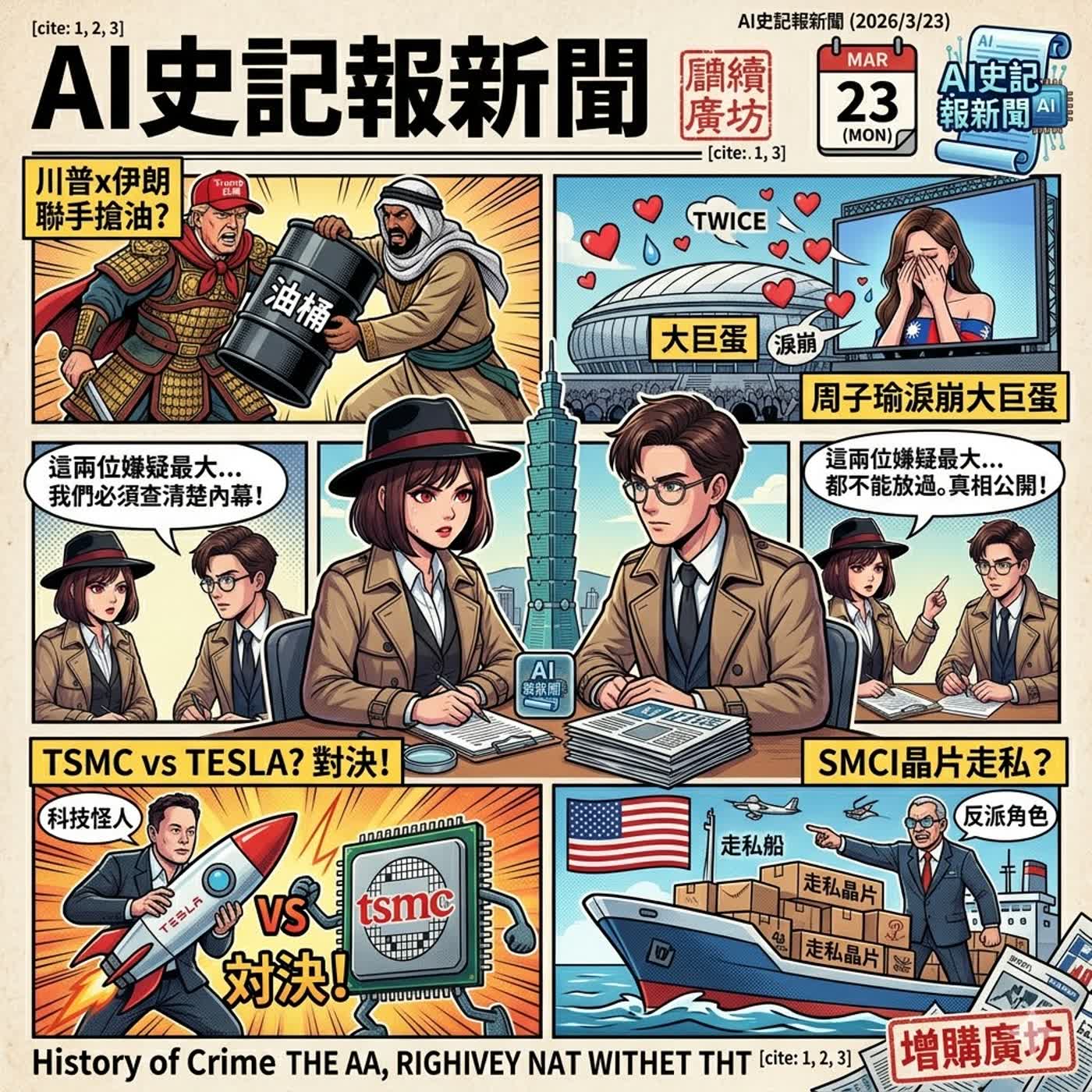 🎧 川普限時48小時強攻伊朗！台灣油價凍漲內幕大公開；馬斯克單挑台積電、美超微爆走私晶片？周子瑜帶TWICE大巨蛋淚崩，本週出門請注意：三波冷空氣接力報到！- AI史記報新聞（2026/3/23) episode artwork