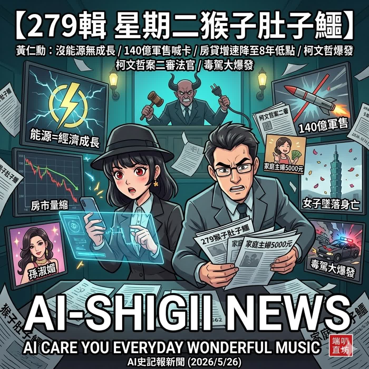 【279輯 星期二猴子肚子鱷】黃仁勳：沒能源就不會有經濟成長/房市量縮房貸增速降至8年低點/140億美元軍售先喊卡/柯文哲案二審法官/家庭主婦月領5000元/台北101十九歲女子墜落身亡/台灣毒駕大爆發/45歲孫淑媚超正-  AI史記報新聞（2026/5/26) episode artwork