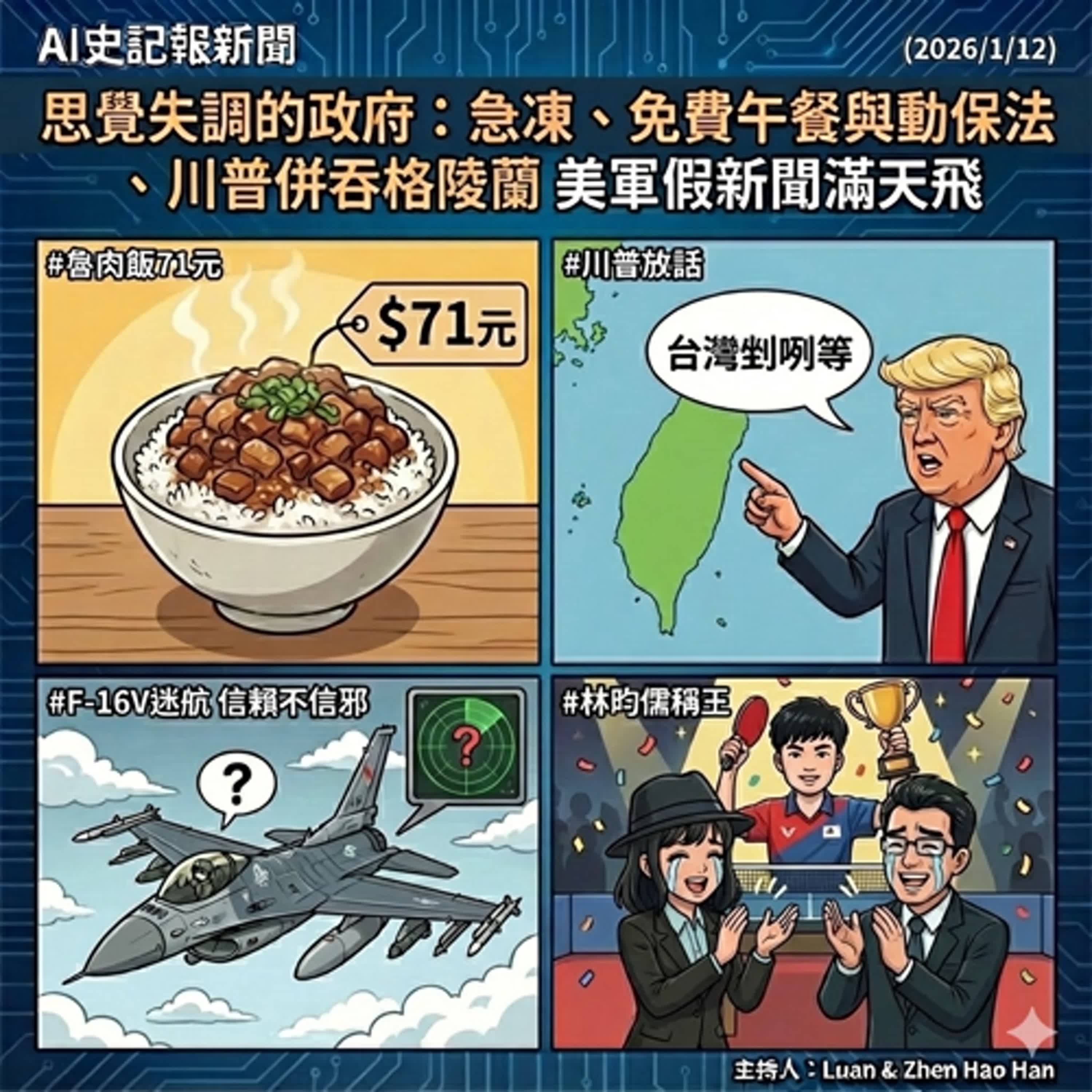 【今天12號起漲價!!】小碗魯肉飯71元 川普放話台灣剉咧等、F-16V迷航 信賴不信邪 林昀儒稱王 -  AI史記報新聞（2026/1/12) episode artwork