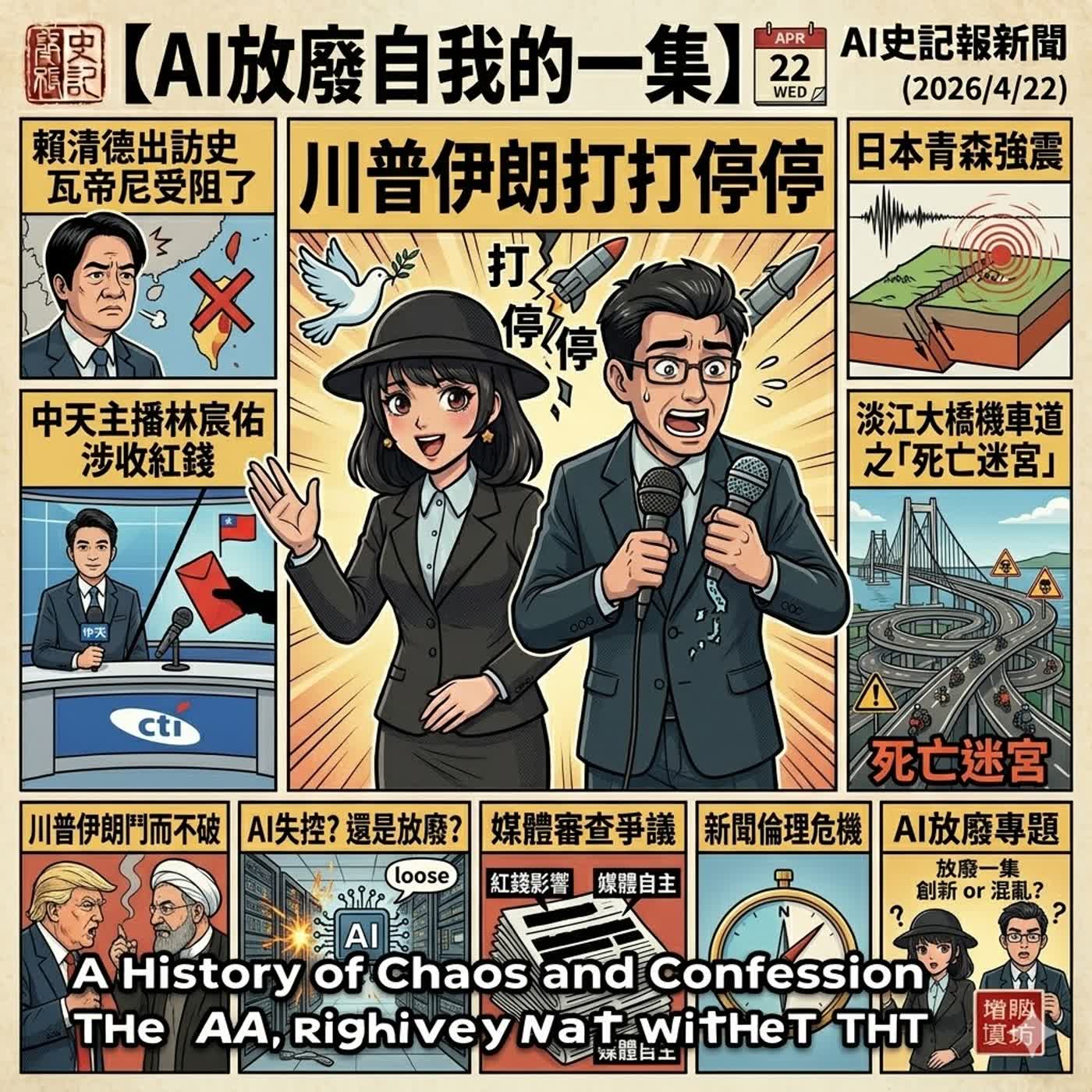 【AI放廢自我的一集】川普伊朗打打停停、賴清德出訪史瓦帝尼受阻了、中天主播林宸佑涉收紅錢、 日本青森強震、淡江大橋機車道之「死亡迷宮」- AI史記報新聞（2026/4/22) episode artwork
