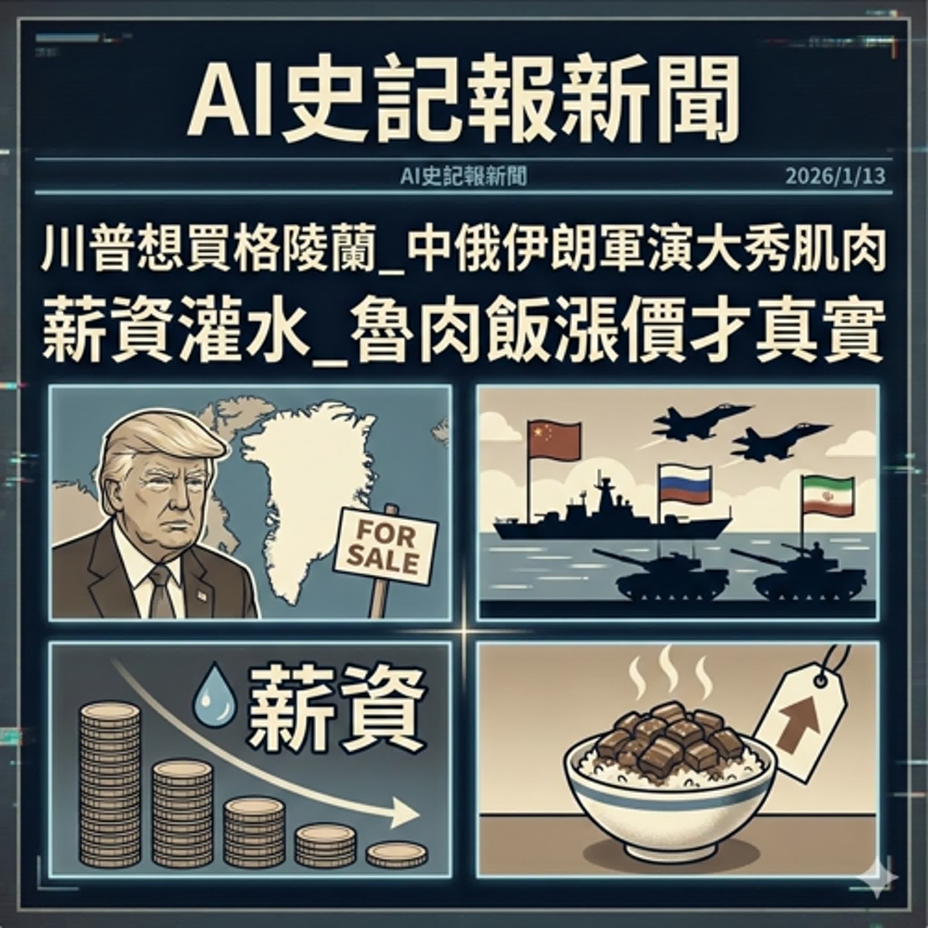 川普想買格陵蘭_中俄伊朗軍演大秀肌肉 薪資灌水_魯肉飯漲價才真實 -  AI史記報新聞（2026/1/13) episode artwork