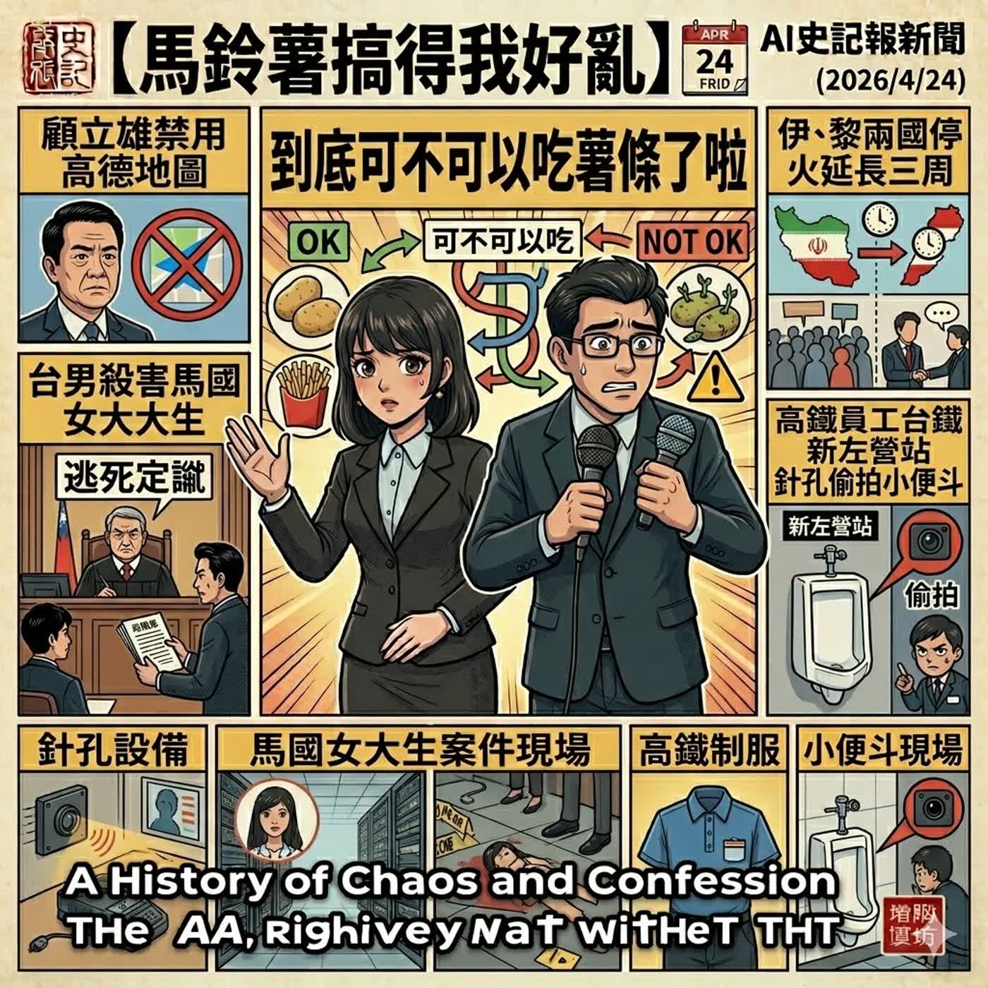 【馬鈴薯搞得我好亂到底可不可以吃薯條啦】顧立雄禁用高德地圖，伊、黎兩國停火延長三周、台男殺害馬國女大生逃死定讞、高鐵員工台鐵新左營站針孔偷拍小便斗、計程車補貼政策 - AI史記報新聞（2026/4/24) episode artwork
