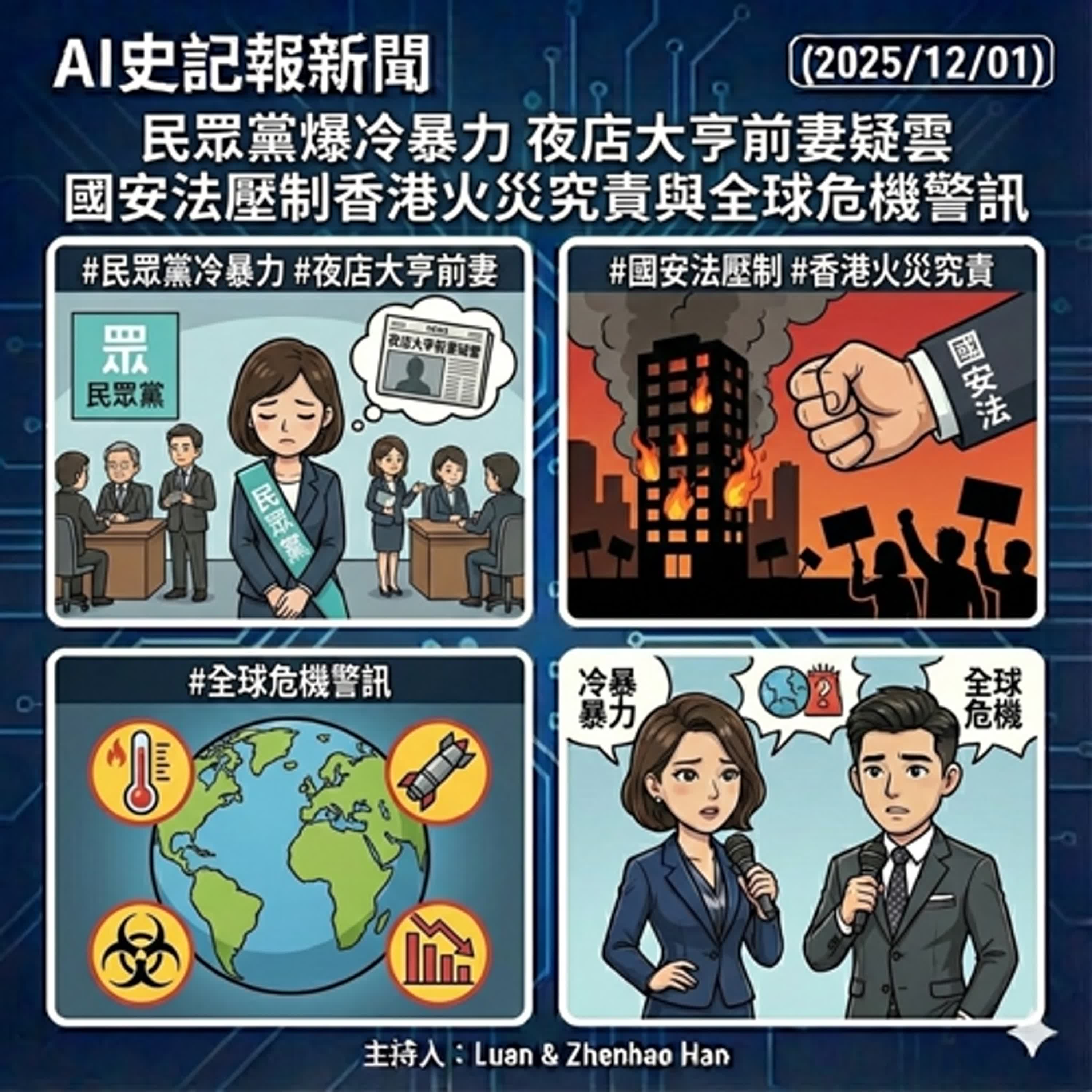 【12月來哩】民眾黨爆冷暴力 夜店大亨前妻疑雲 國安法壓制香港火災究責與全球危機警訊- AI史記報新聞（2025/12/01） episode artwork
