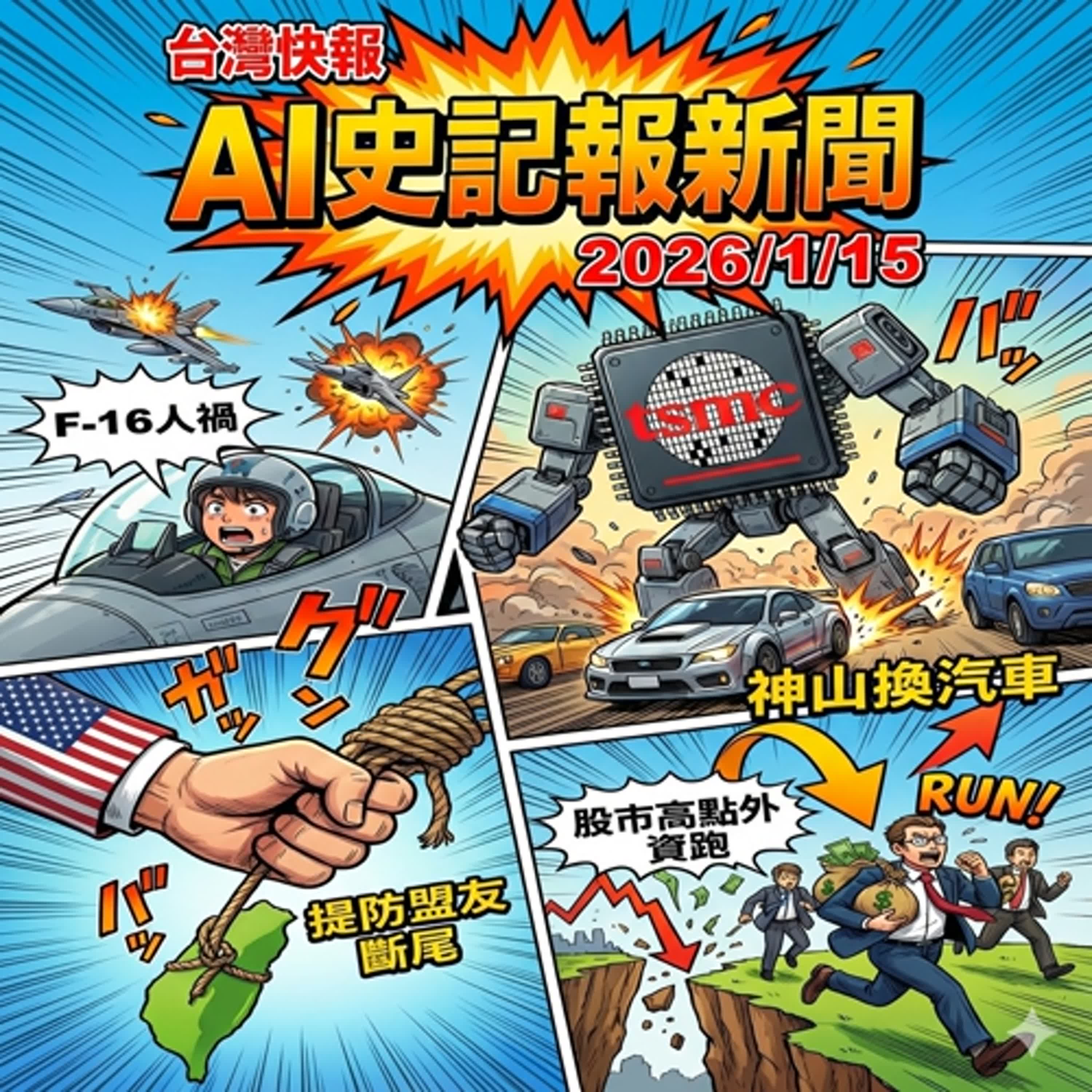 【標題更正了!抱歉!】神山換汽車 股市高點外資跑 F-16人禍 提防盟友斷尾 -  AI史記報新聞（2026/1/15) episode artwork