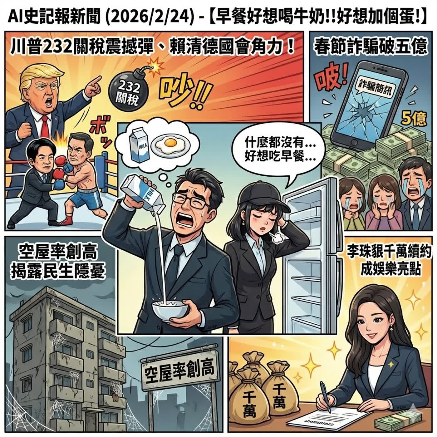 【變午間新聞了】川普232關稅震撼彈交織、賴總統國會角力！春節詐騙破五億、空屋率創高揭露民生隱憂，李珠珢千萬續約成娛樂亮點 - AI史記報新聞（2026/2/24) episode artwork