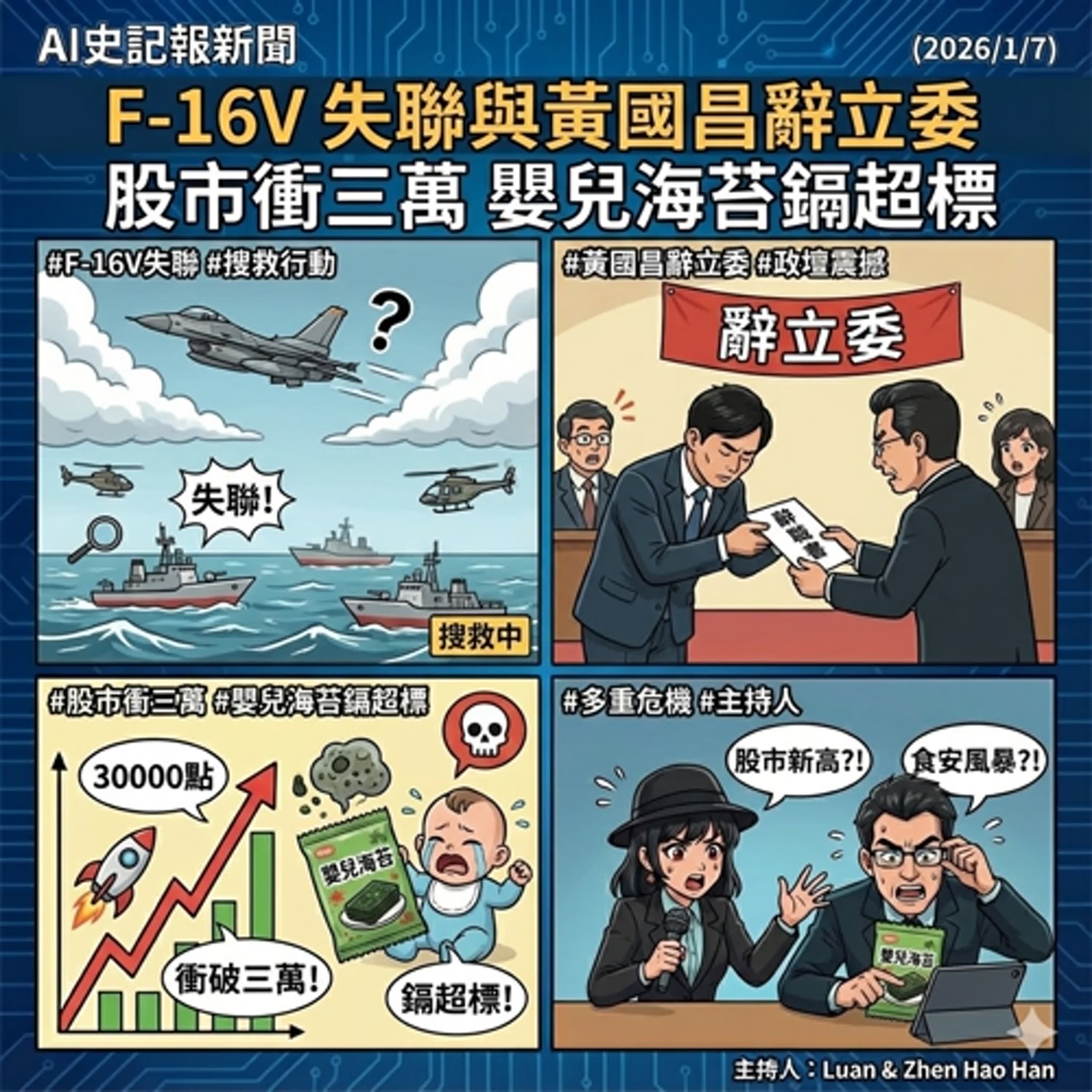 【保暖注意!!】F-16V 失聯與黃國昌辭立委 股市衝三萬 嬰兒海苔鎘超標 -  AI史記報新聞（2026/1/7)  episode artwork
