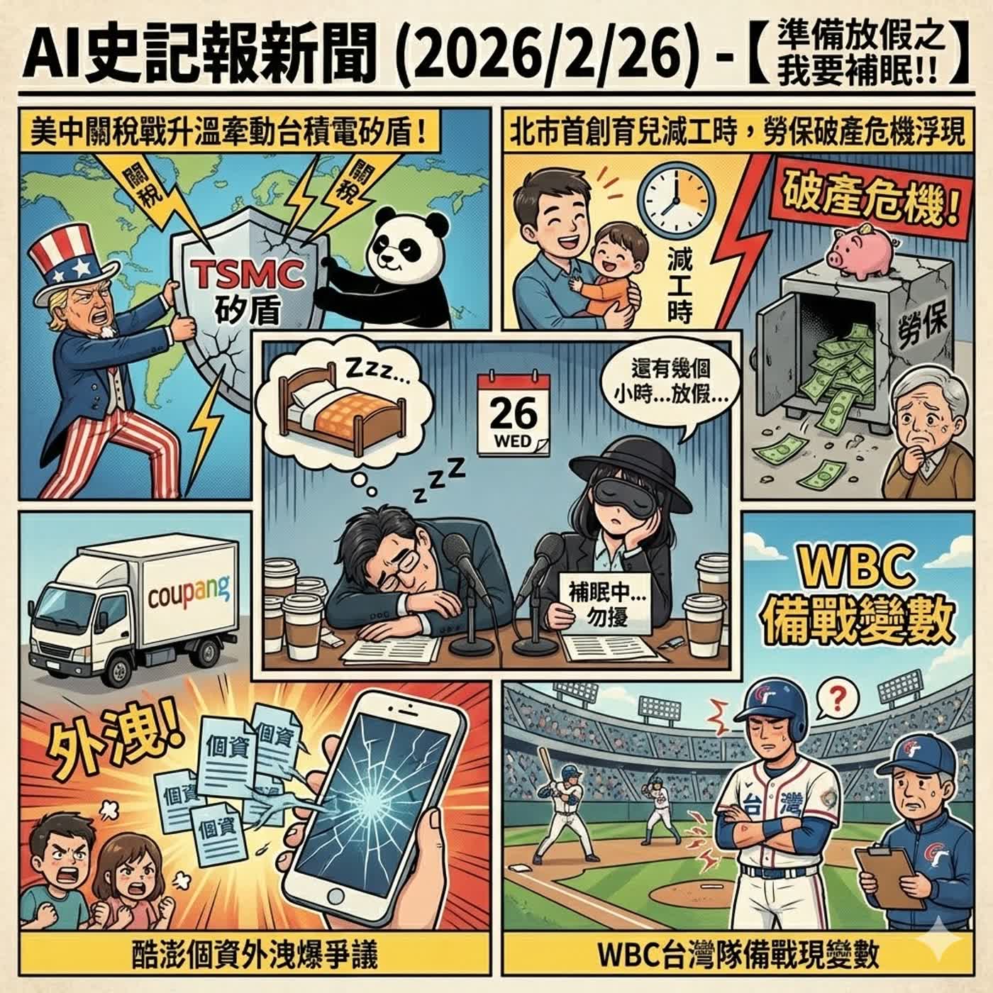 【準備放假之我要補眠!!】美中關稅戰升溫牽動台積電矽盾！北市首創育兒減工時，勞保破產危機浮現；酷澎個資外洩爆爭議，WBC台灣隊備戰現變數 - AI史記報新聞（2026/2/26) episode artwork