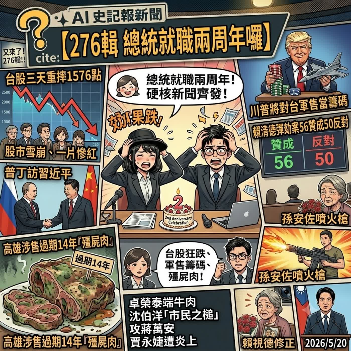 【276輯 總統就職兩周年囉】川普將對台軍售當籌碼/普丁訪習近平/賴清德彈劾案56贊成50反對未通過/沈伯洋「市民之槌」攻蔣萬安/台股三天重摔1576點/卓榮泰端牛肉/高雄涉售過期14年「殭屍肉」/孫安佐噴火槍/賈永婕遭炎上  -  AI史記報新聞（2026/5/20) episode artwork
