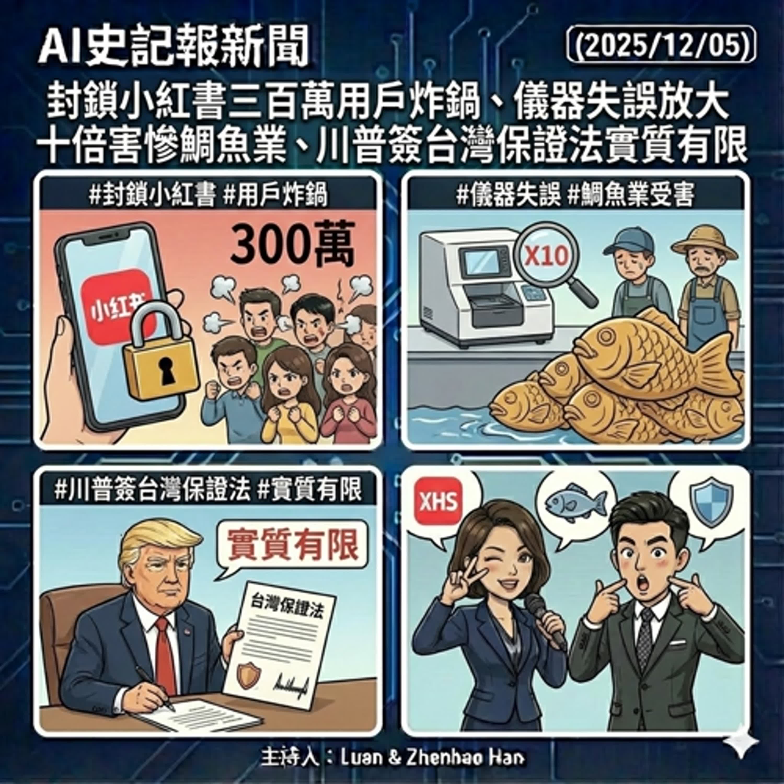 封鎖小紅書三百萬用戶炸鍋、儀器失誤放大十倍害慘鯛魚業、川普簽台灣保證法實質有限  - AI史記報新聞（2025/12/05 episode artwork