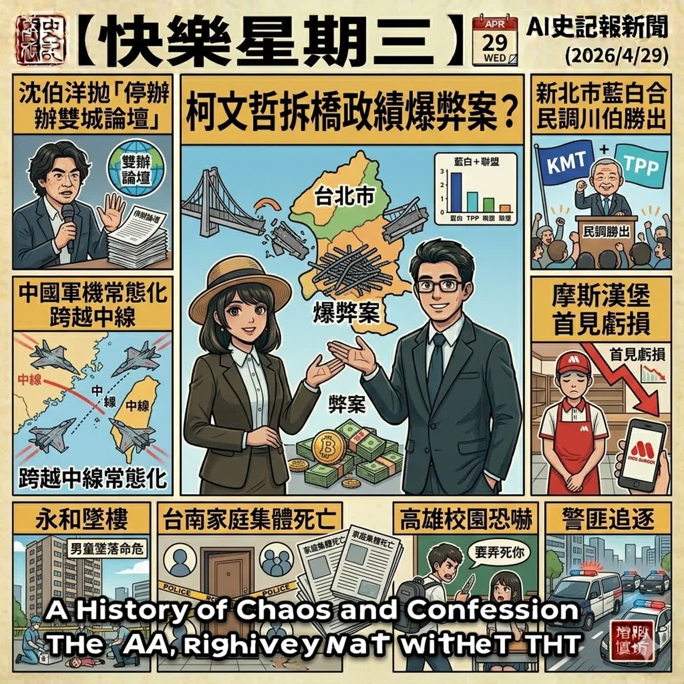 【快樂星期三!】柯文哲拆橋政績爆弊案？沈伯洋拋「停辦雙城論壇」、 新北市藍白合民調川伯勝出、中國軍機常態化跨越中線、摩斯漢堡首見虧損、永和4歲男童高處墜落命危、台南發生家庭集體死亡案件、高雄小學生帶美工刀恐嚇同學「要弄死你」 - AI史記報新聞（2026/4/29) episode artwork