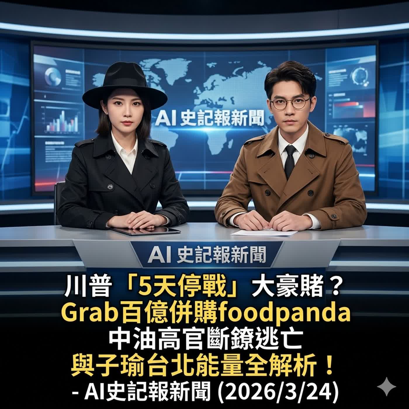 【反核返核返核反反反核!】川普「5天停戰」大豪賭？Grab百億併購foodpanda、中油高官斷鐐逃亡與子瑜台北能量全解析！- AI史記報新聞（2026/3/24) episode artwork
