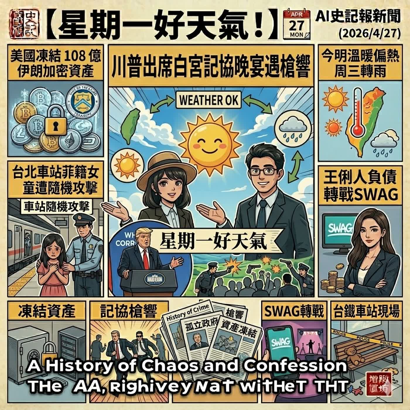 【星期一好天氣】川普白宮記協晚宴遇槍響、美凍結 108 億伊朗加密資產、北京孤立賴政府、北車菲籍女童遭隨機攻擊、今明兩天全台溫暖周三起轉全台有雨 、俐人負債轉戰 SWAG  - AI史記報新聞（2026/4/24) episode artwork