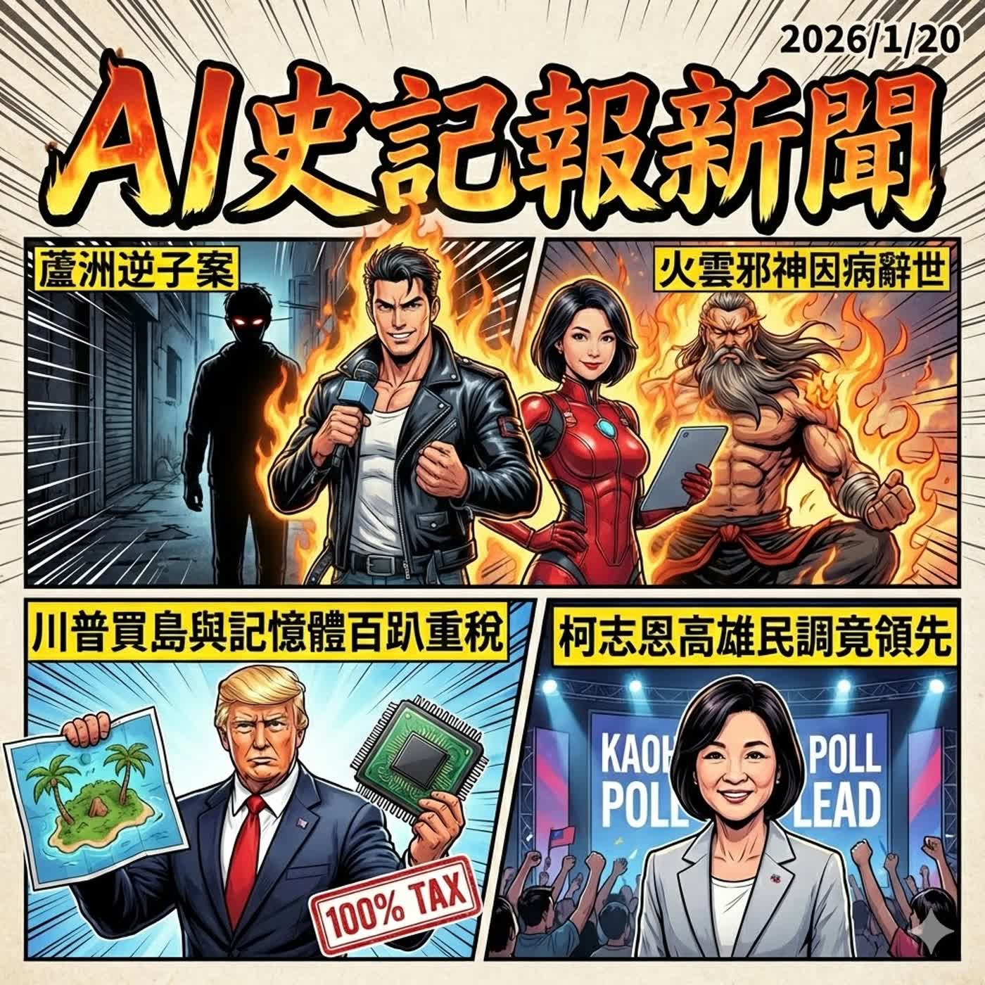 蘆洲逆子案、火雲邪神因病辭世、川普買島與記憶體百趴重稅、柯志恩高雄民調竟領先 -  AI史記報新聞（2026/1/20)  episode artwork