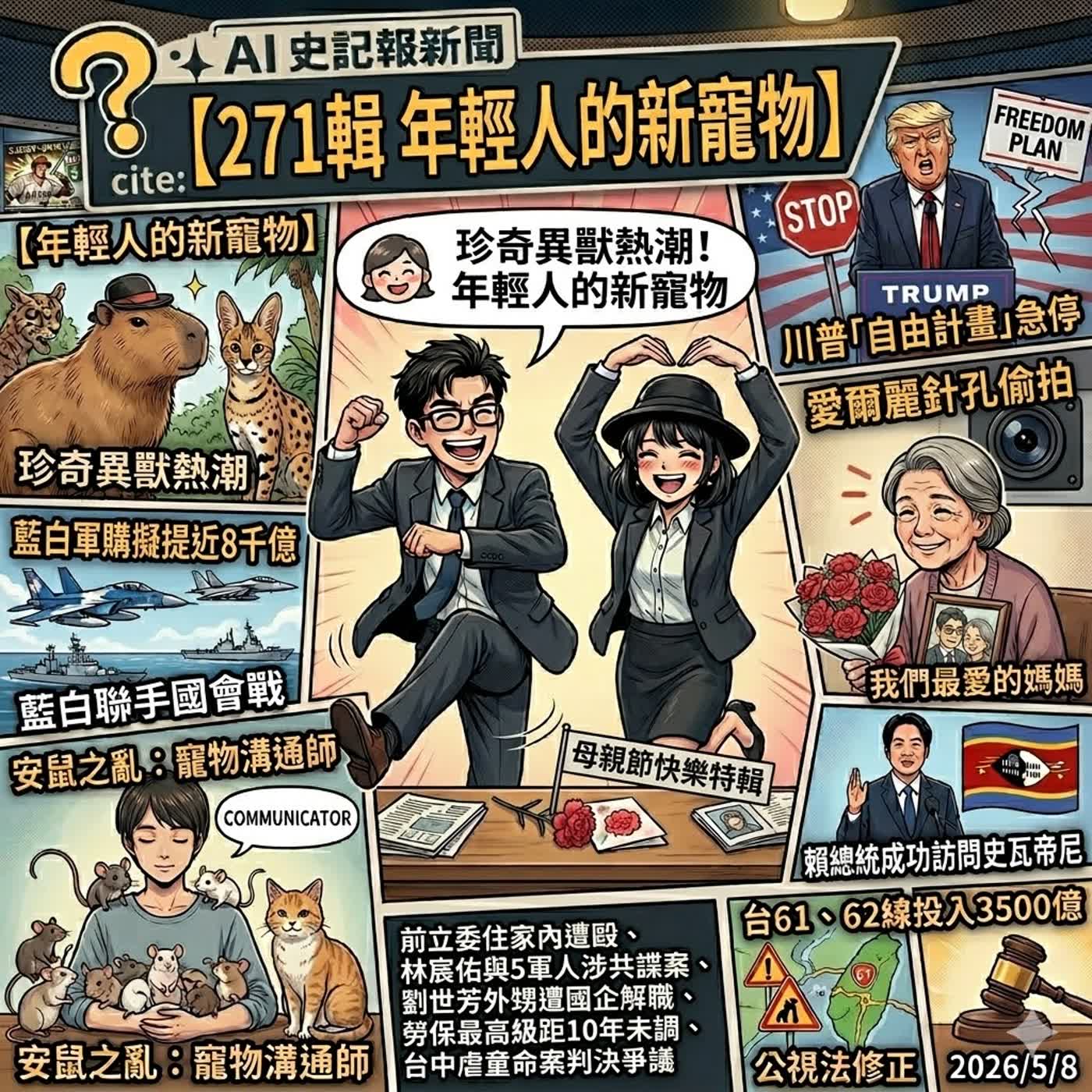 【271輯 年輕人的新寵物】愛爾麗針孔偷拍、川普「自由計畫」急停 藍白軍購擬提近8千億、安鼠之亂寵物溝通師、前立委住家內遭毆、徐錫祥明起任「代理檢察總長」、賴總統成功訪問史瓦帝尼、台61、62線投入3500億、公視法修正、林宸佑與5軍人涉共諜案、劉世芳外甥遭國企解職、勞保最高級距10年未調、台中虐童命案判決爭議  -  AI史記報新聞（2026/5/8) episode artwork