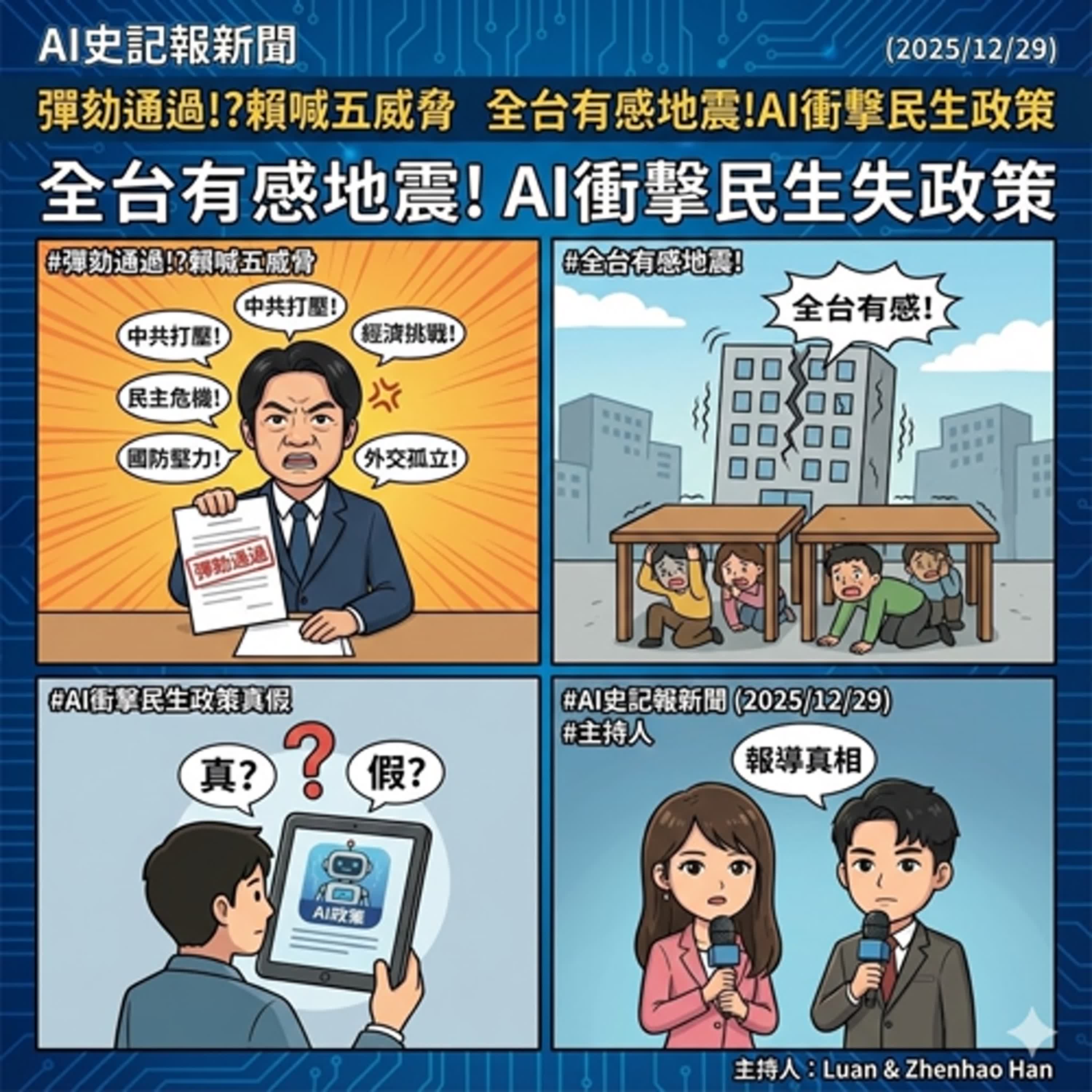 彈劾通過!?賴喊五威脅、全台有感地震!AI衝擊民生政策 真假!?-  AI史記報新聞（2025/12/29) episode artwork