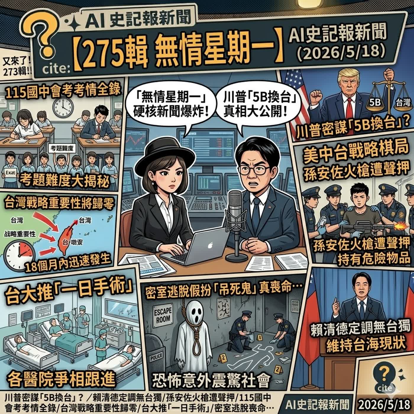 【275輯 無情星期一】川普密謀「5B換台」？/賴清德定調無台獨/孫安佐火槍遭聲押/115國中會考考情全錄/台灣戰略重要性「18 個月」內迅速歸零/台大推「一日手術」…各醫院跟進 -  AI史記報新聞（2026/5/18) episode artwork