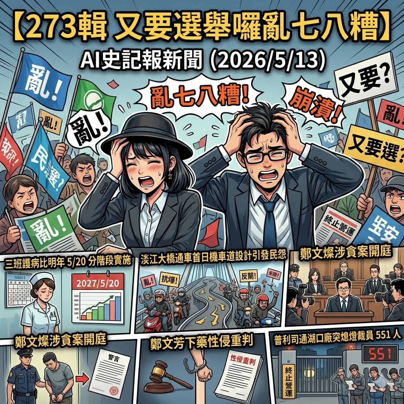 【273輯 又要選舉了嗎?亂78糟】三班護病比明年 5/20 分階段實施、淡江大橋通車首日機車道設計引發民怨、鄭文燦涉貪案開庭、鄭文芳下藥性侵重判、普利司通湖口廠突熄燈裁員 551 人 -  AI史記報新聞（2026/5/13) episode artwork
