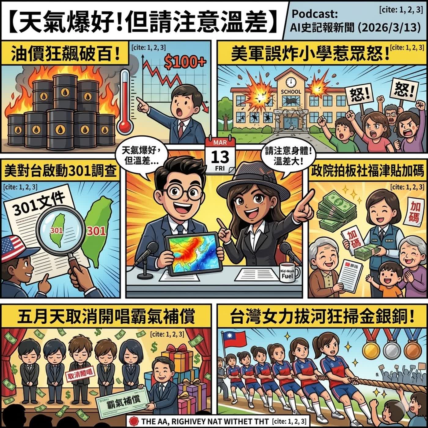 【請注意溫早晚差】「黑雨」現象、Gogoro 創辦人欠債跑路??油價狂飆破百、美軍誤炸小學惹眾怒！美對台啟動301調查，政院拍板社福津貼加碼；五月天取消開唱霸氣補償，台灣女力拔河狂掃金銀銅！- AI史記報新聞（2026/3/13) episode artwork