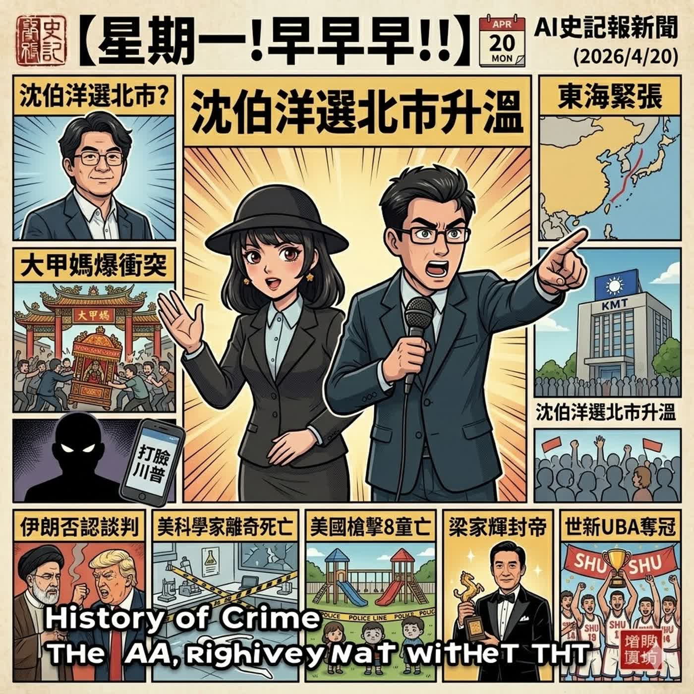 【星期一!早早早!!】伊朗否認談判打臉川普、東海緊張、美科學家離奇死亡，大甲媽爆衝突、沈伯洋選北市升溫，美國槍擊8童亡，梁家輝封帝、世新UBA奪冠- AI史記報新聞（2026/4/20) episode artwork