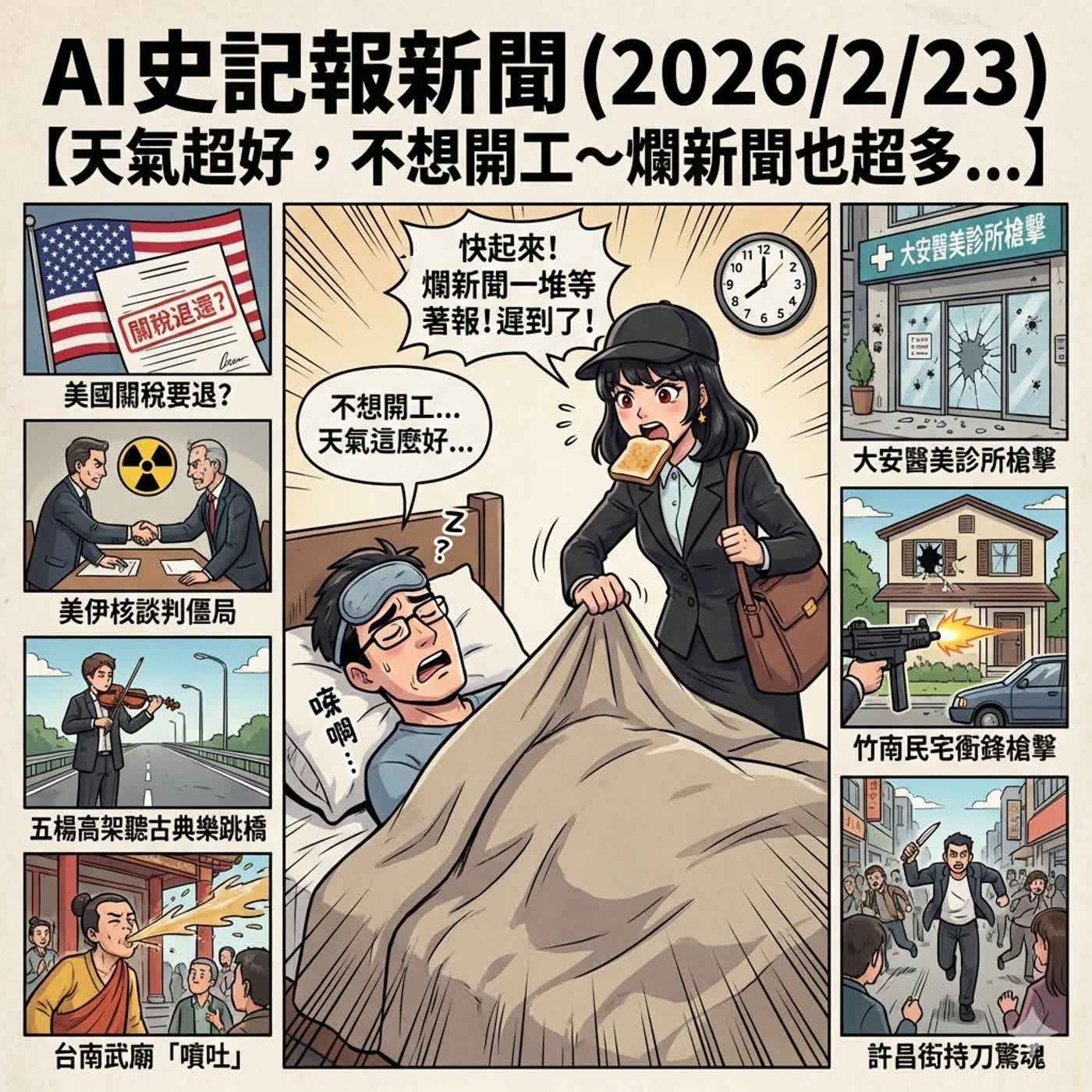 【天氣超好，不想開工~爛新聞也超多...】雲林北港虐狗拋樓、8歲童鯉魚潭天鵝船溺斃、群創光電工安事件、五楊高架聽古典樂跳橋、台南武廟「噴吐」、北捷「Fumi阿姨」後續、 美國關稅要退?、美伊核談判僵局、大安醫美診所槍擊、竹南民宅衝鋒槍擊、 許昌街持刀驚魂  - AI史記報新聞（2026/2/23) episode artwork