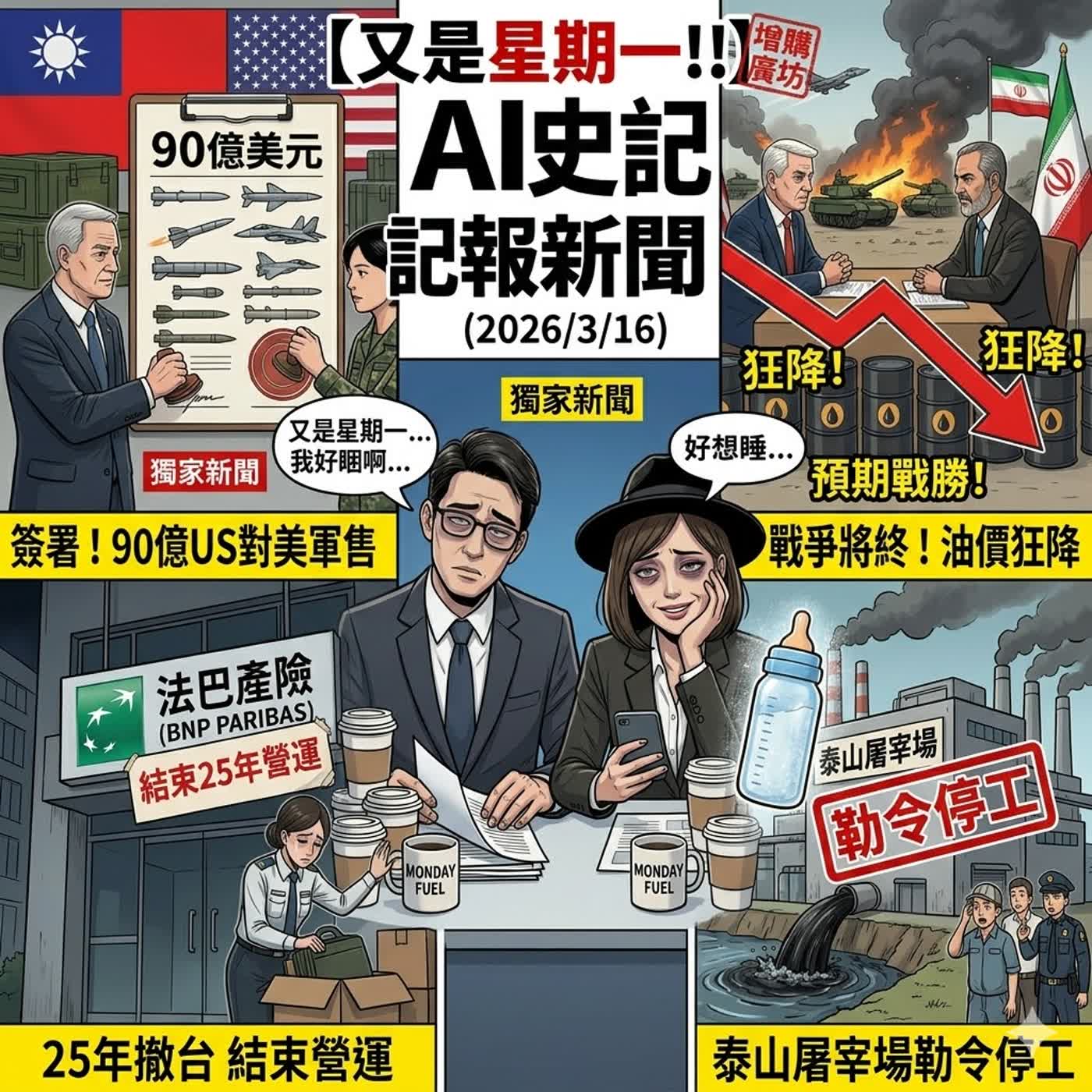 【又是星期一!!】台灣簽署90億美元對美軍售、美官員預期美伊戰爭數週內結束帶動油價大降、法巴產險結束25年營運撤台、泰山屠宰場排污勒令停工- AI史記報新聞（2026/3/16) episode artwork