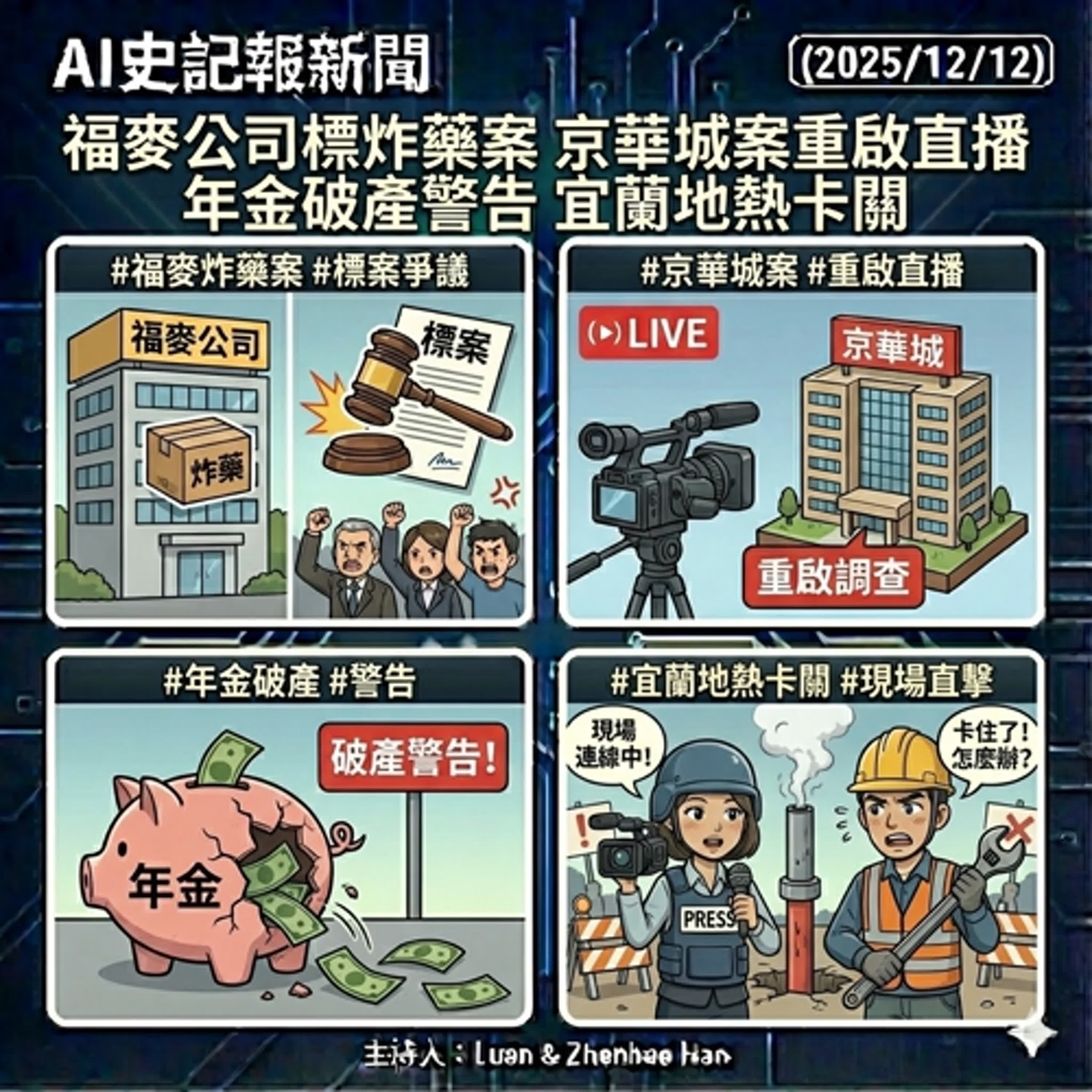 【空空】福麥公司標炸藥案 京華城案重啟直播 年金破產警告 宜蘭地熱卡關 - AI史記報新聞（2025/12/12) episode artwork