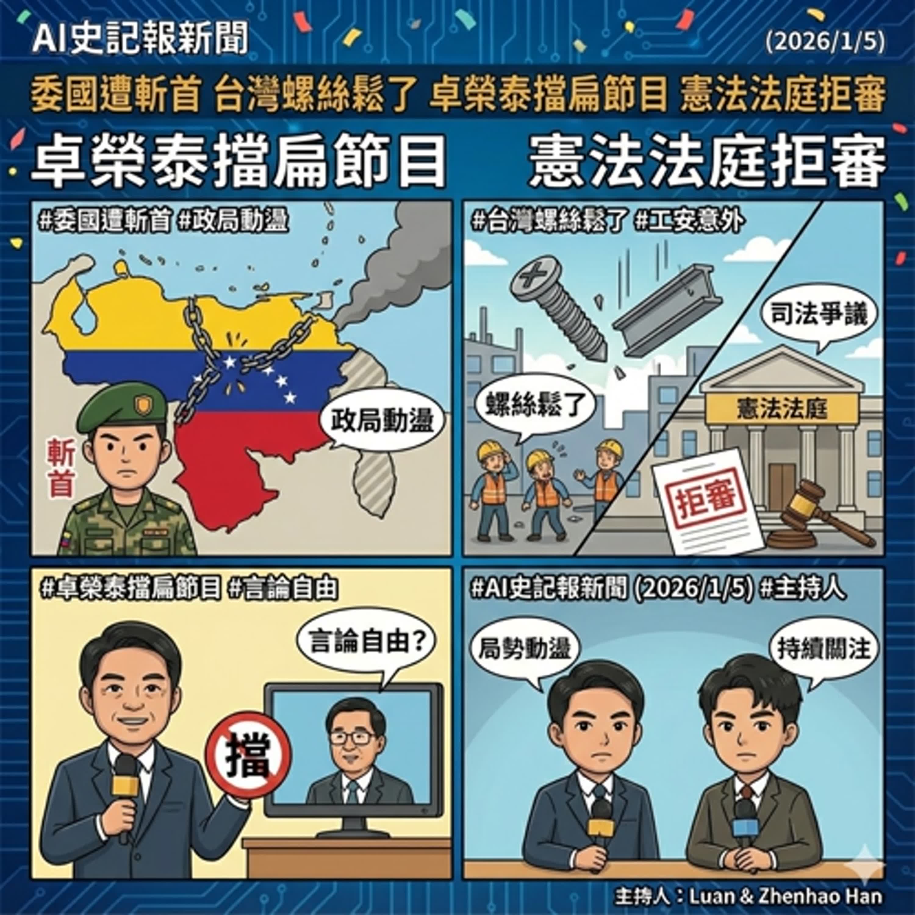 委國遭斬首、台灣螺絲鬆了、卓榮泰擋扁節目、 憲法法庭拒審 -  AI史記報新聞（2026/1/5) episode artwork