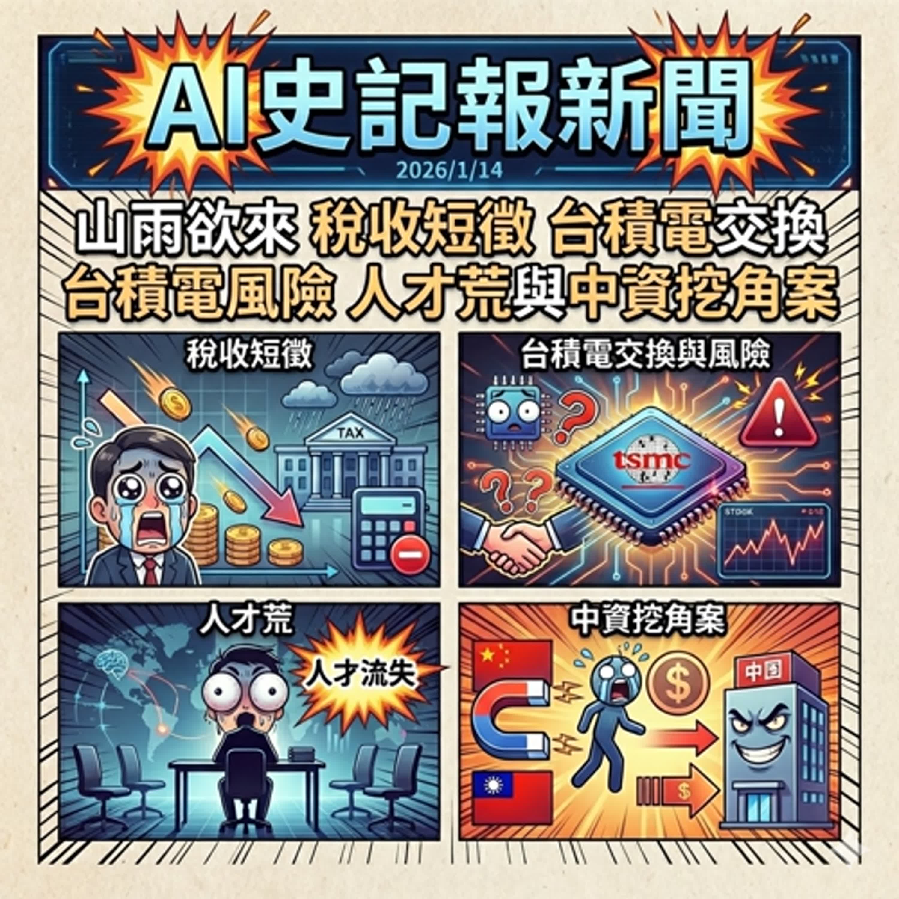 山雨欲來 稅收短徵 台積電交換 台積電風險 人才荒與中資挖角案 -  AI史記報新聞（2026/1/14) episode artwork