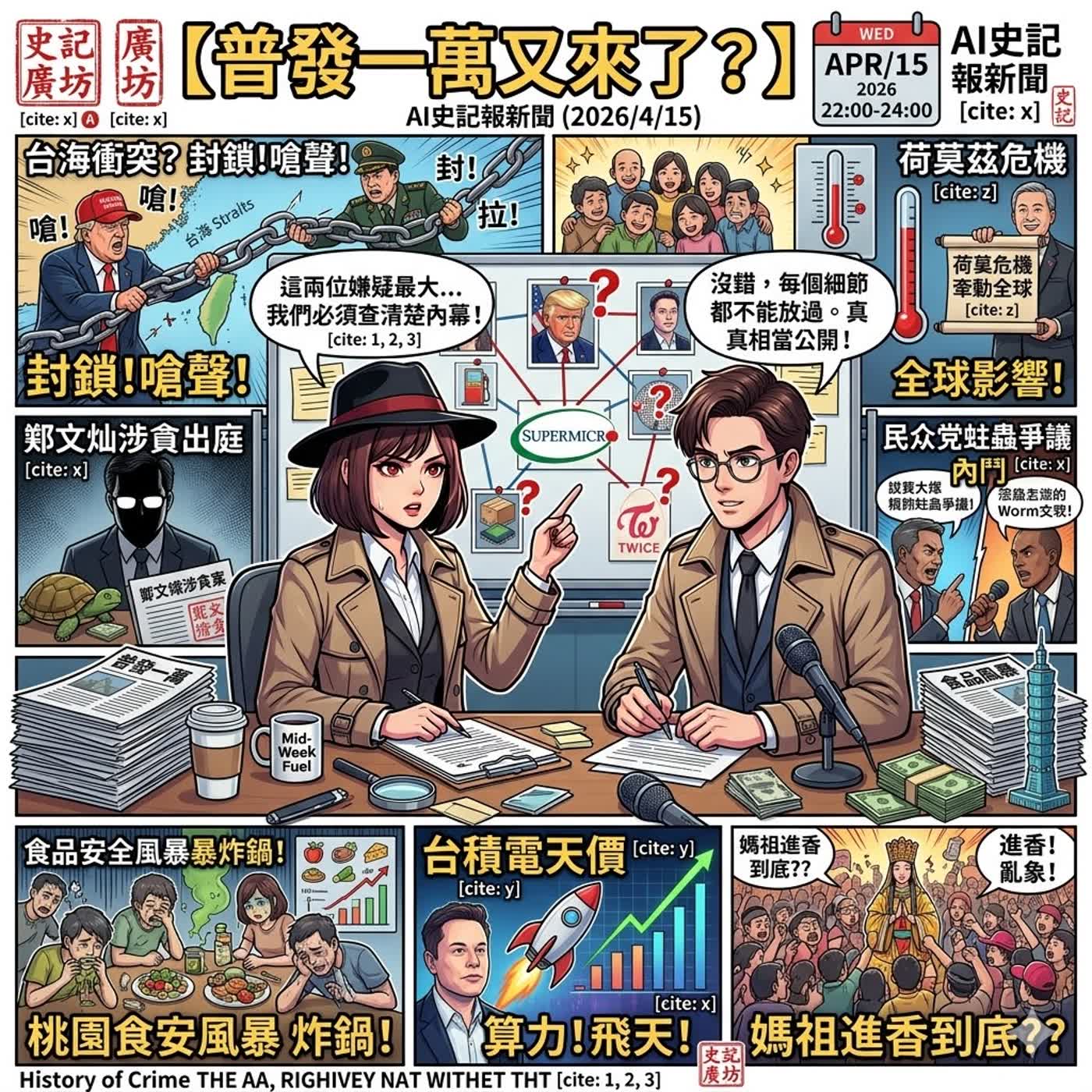 【普發一萬2.0來了!?】荷莫茲危機牽動全球！鄭文燦涉貪出庭、民眾黨爆「蛀蟲」爭議；台積電天價、媽祖進香到底??桃園食安風暴- AI史記報新聞（2026/4/15) episode artwork
