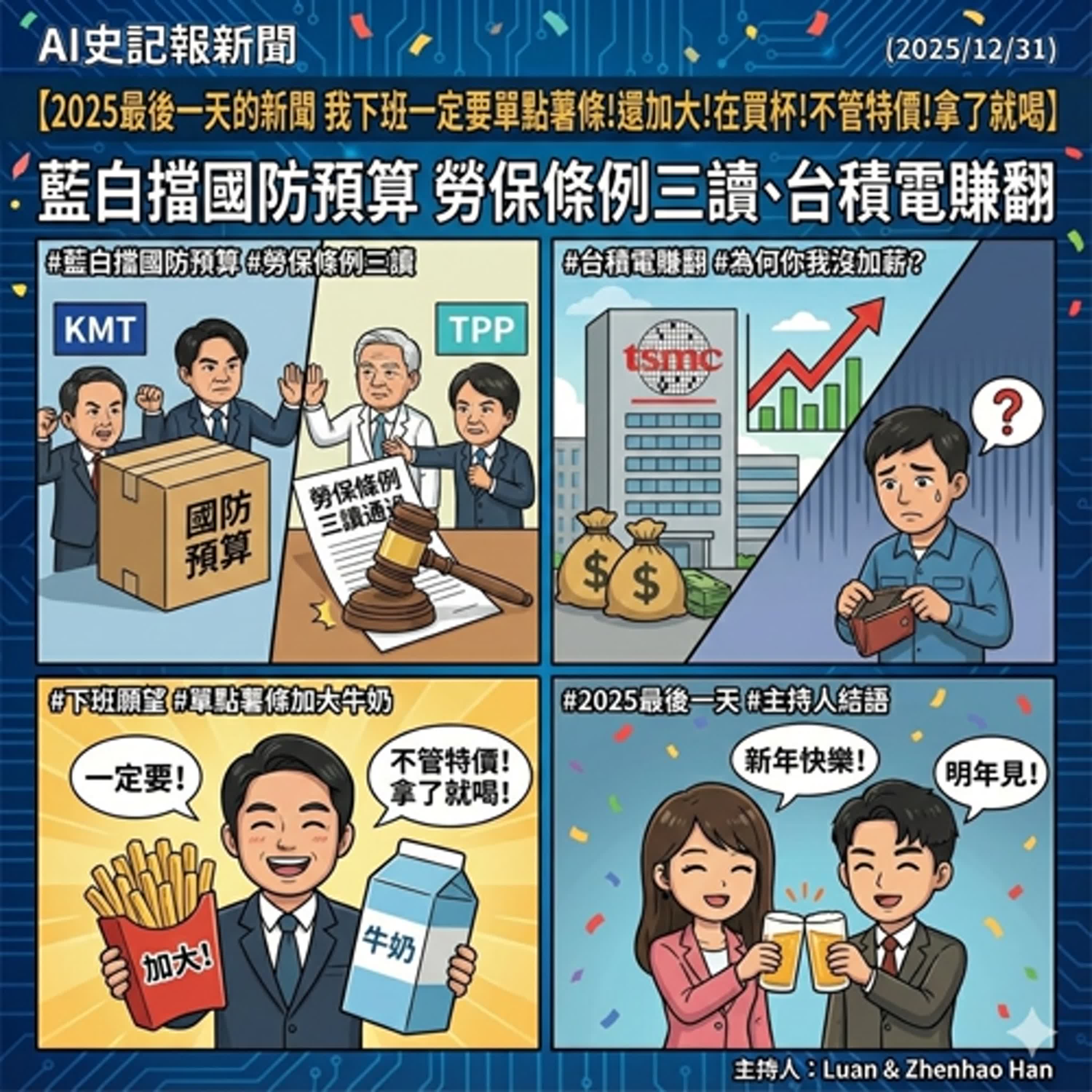 【2025最後一天的新聞 我下班一定要單點薯條!還加大!在買杯牛奶!】藍白擋國防預算 勞保條例三讀、台積電賺翻 為何你我沒加薪？-  AI史記報新聞（2025/12/31) episode artwork