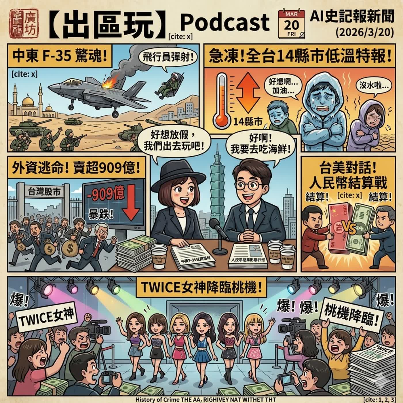 【出區玩】中東F-35驚魂、藍白合全民調與人民幣結算戰、全台14縣市大限水、外資逃命賣超909億與TWICE女神降臨桃機！- AI史記報新聞（2026/3/20) episode artwork