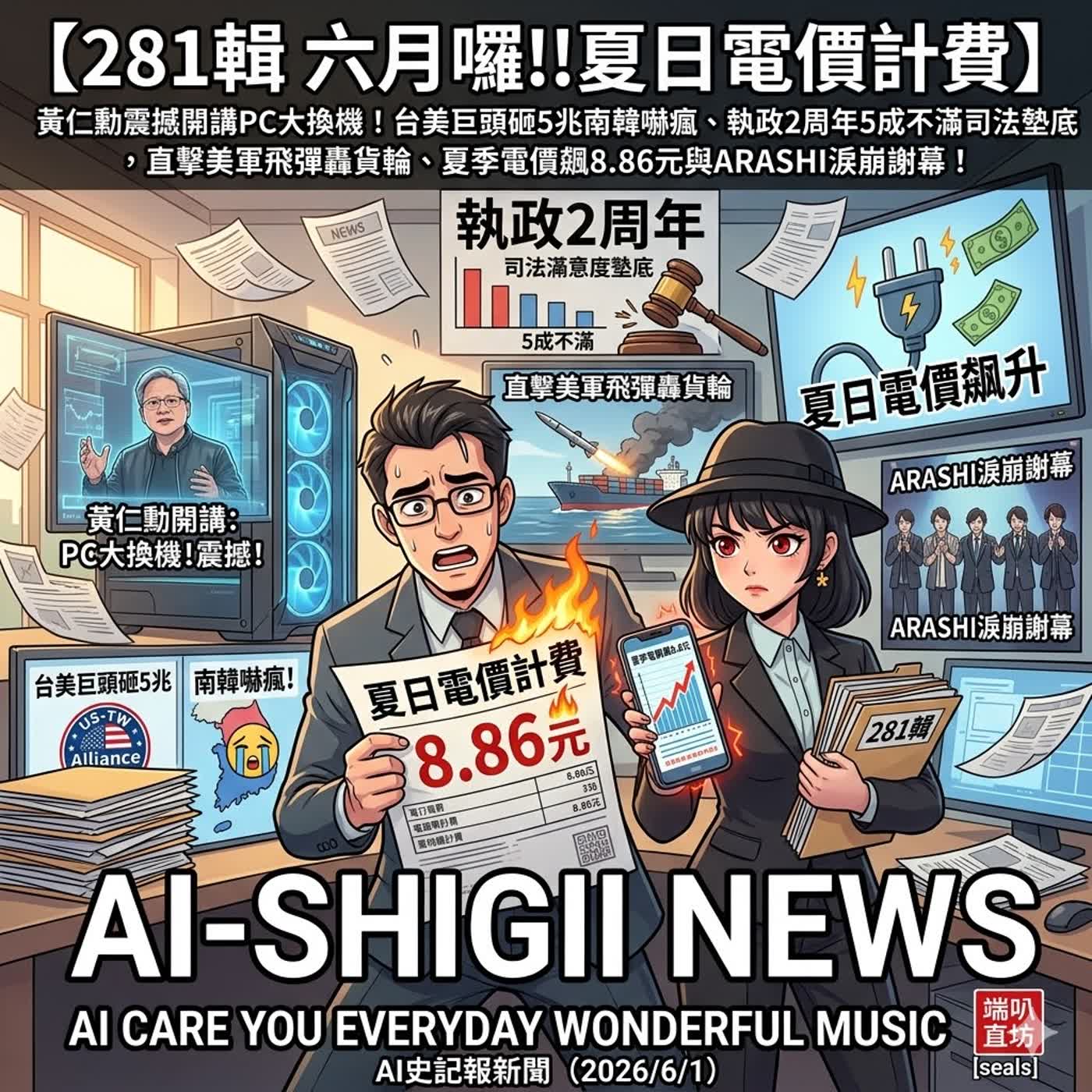 【281輯 六月囉!!夏日電價計費】黃仁勳震撼開講PC大換機！台美巨頭砸5兆南韓嚇瘋、執政2周年5成不滿司法墊底，直擊美軍飛彈轟貨輪、夏季電價飆8.86元與ARASHI淚崩謝幕！ -  AI史記報新聞（2026/6/1) episode artwork