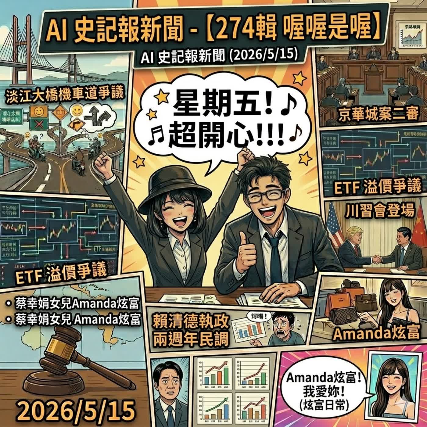 【274輯 喔喔是喔】川習會登場 賴清德執政兩週年民調 京華城案二審 ETF 溢價爭議 淡江大橋機車道爭議 蔡幸娟女兒 Amanda 炫富  -  AI史記報新聞（2026/5/15) episode artwork