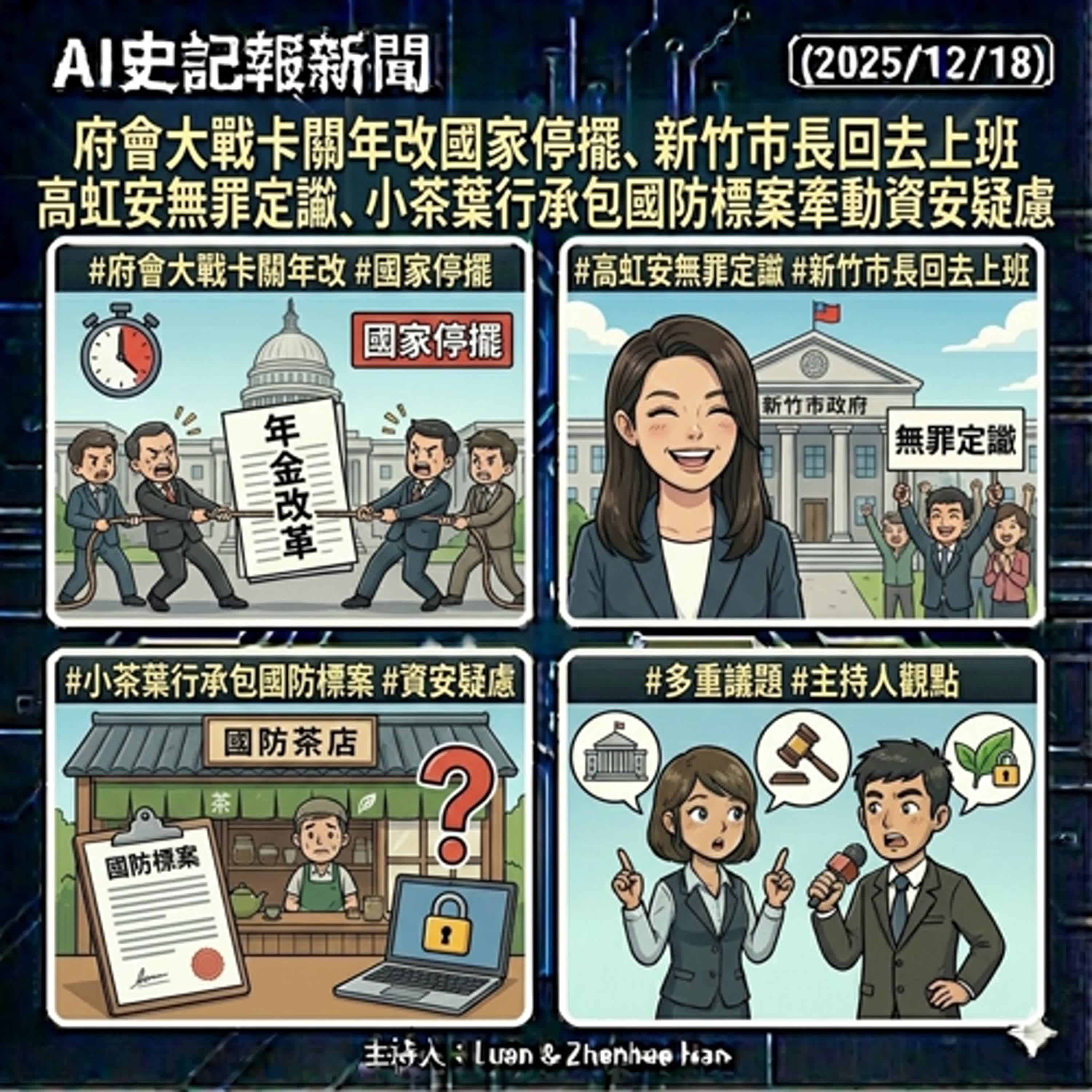 府會大戰卡關年改國家停擺、新竹市長回去上班高虹安無罪定讞、小茶葉行承包國防標案牽動資安疑慮 - AI史記報新聞（2025/12/18) episode artwork