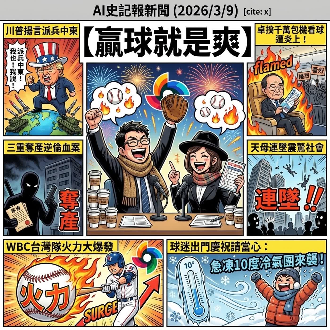 【贏球就是爽】川普揚言派兵中東、卓揆千萬包機看球遭炎上！三重奪產逆倫血案與天母連墜震驚社會；WBC台灣隊火力大爆發，球迷出門慶祝請當心：急凍10度冷氣團來襲！- AI史記報新聞（2026/3/9) episode artwork